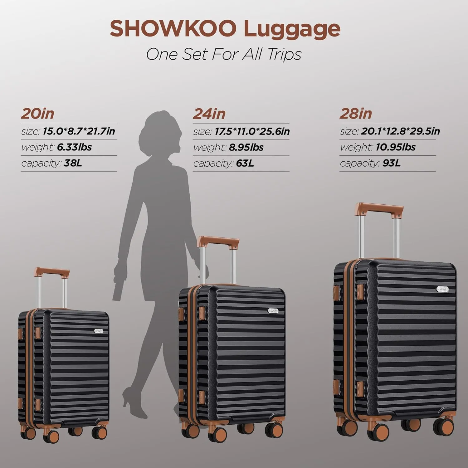 SHOWKOO Luggage Sets 3 Piece Hardside Expandable Suitcase with Double Spinner Wheels Tsa Lock Black (20in/24in/28in)