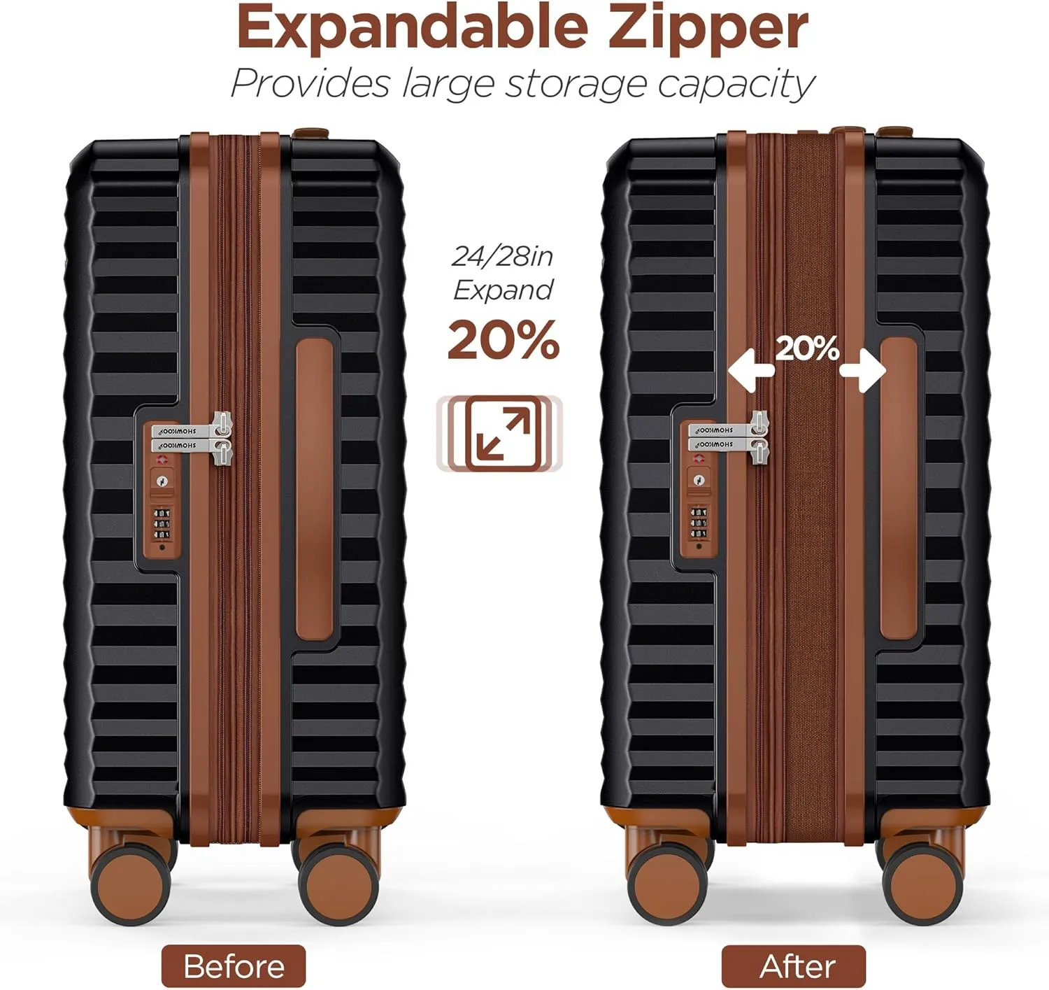 SHOWKOO Luggage Sets 3 Piece Hardside Expandable Suitcase with Double Spinner Wheels Tsa Lock Black (20in/24in/28in)