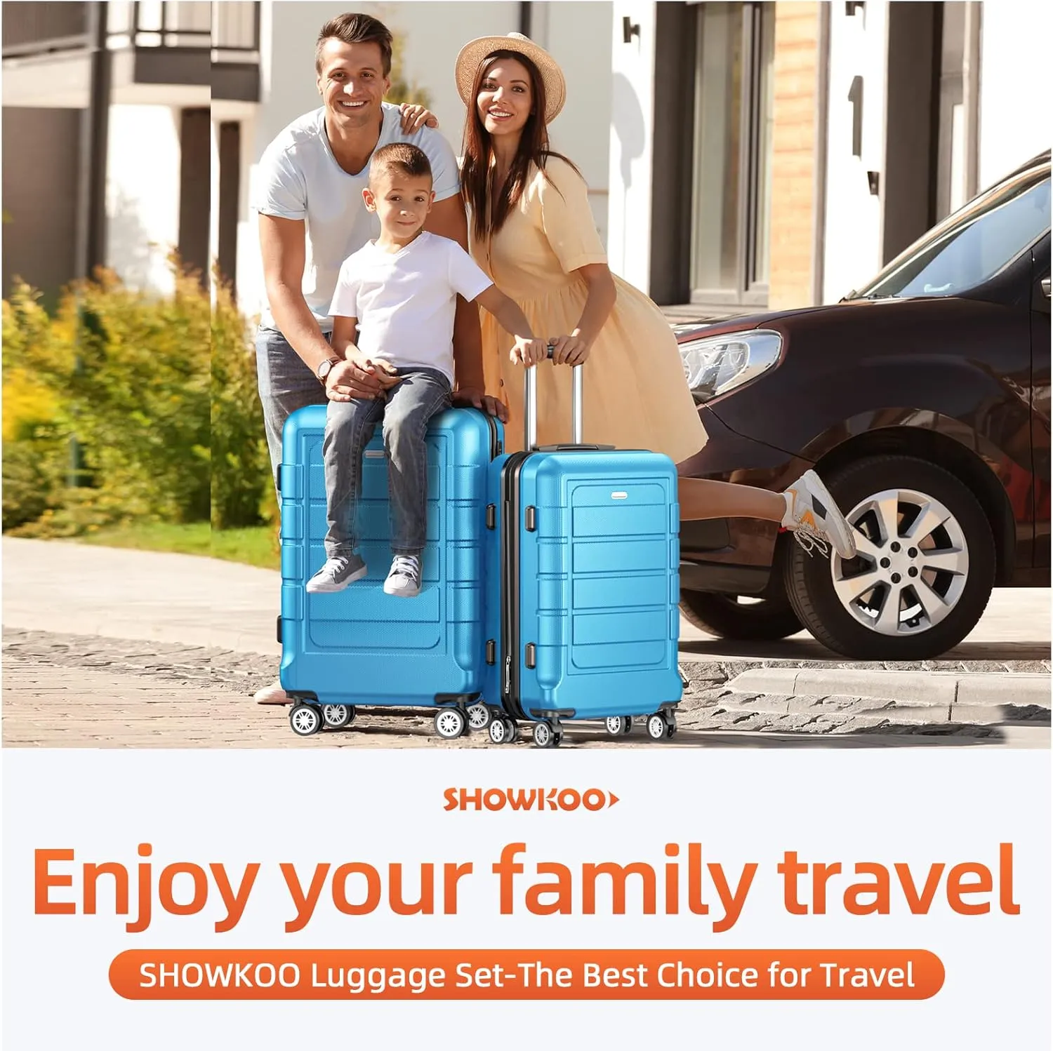 SHOWKOO Luggage Sets Expandable PC ABS Durable Suitcase Sets Double Wheels TSA Lock 4 Piece Luggage Set Sky Blue