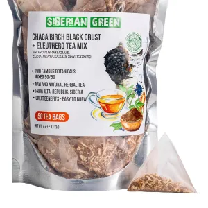 Siberian Green Chaga Tea with Siberian Ginseng Root – 50Pcs Equal Ratio Natural Pure Tea Bags with Chaga Eleuthero Mix – Non-GMO, No Fillers Siberian Sourced Infusion Bags for Focus, Energy