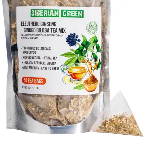 Siberian Green Ginkgo Tea Bags with Ginseng Root Mix – 50Pcs Natural Pure Eleuthero Tea from Siberia – Non-GMO, No Fillers Infusion Bags – Equal Plant Ratio – Convenient and Easy to Brew