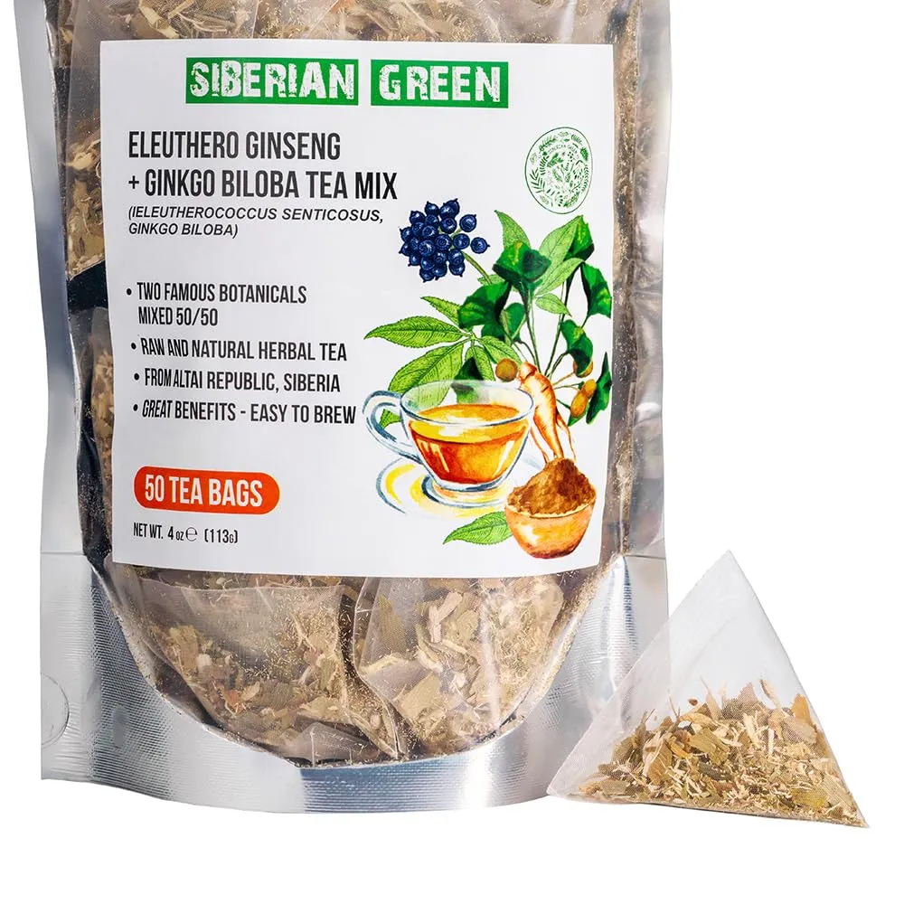 Siberian Green Ginkgo Tea Bags with Ginseng Root Mix – 50Pcs Natural Pure Eleuthero Tea from Siberia – Non-GMO, No Fillers Infusion Bags – Equal Plant Ratio – Convenient and Easy to Brew