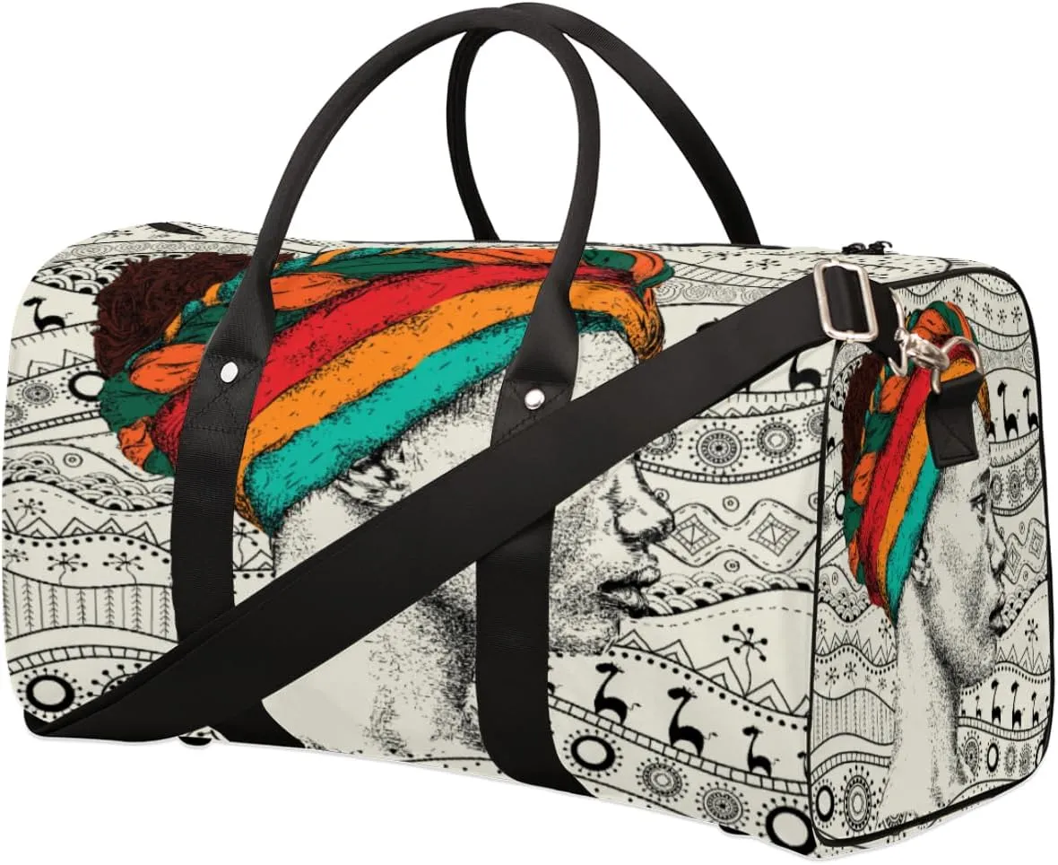 Sketch African Woman Travel Duffel Bag, Foldable Sport Gym Tote Bag, Waterproof Weekender Overnight Bag with Shoulder Strap, Carry On Luggage Handbag for Men and Women