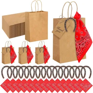 Skicuff 96 Pcs 24 Sets Western Cowboy Gift Bags Bulk for Rustic Wedding Cowboy Goodie Candy Bags with Good Luck Horseshoes Red Bandana Kraft Tags for Rustic Vintage Western Wedding Party Favors