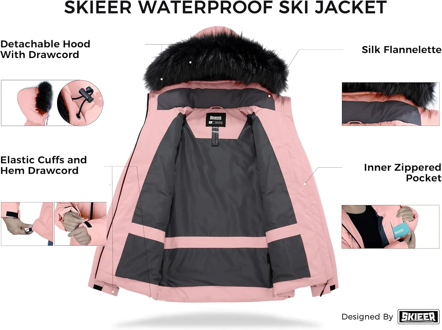 Skieer Women's Waterproof Ski Jacket Warm Puffer Jacket Thick Hooded Winter Coat