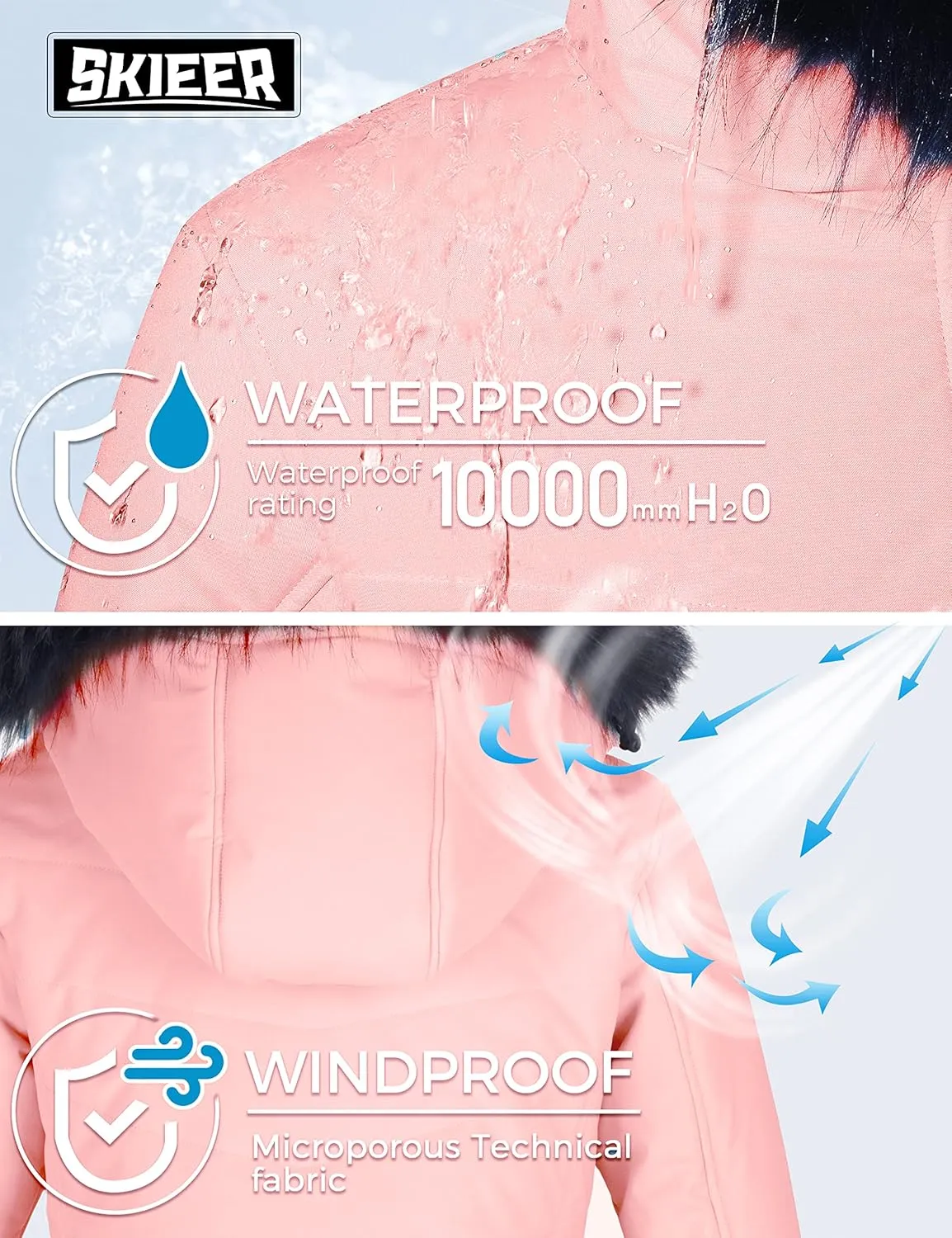 Skieer Women's Waterproof Ski Jacket Warm Puffer Jacket Thick Hooded Winter Coat