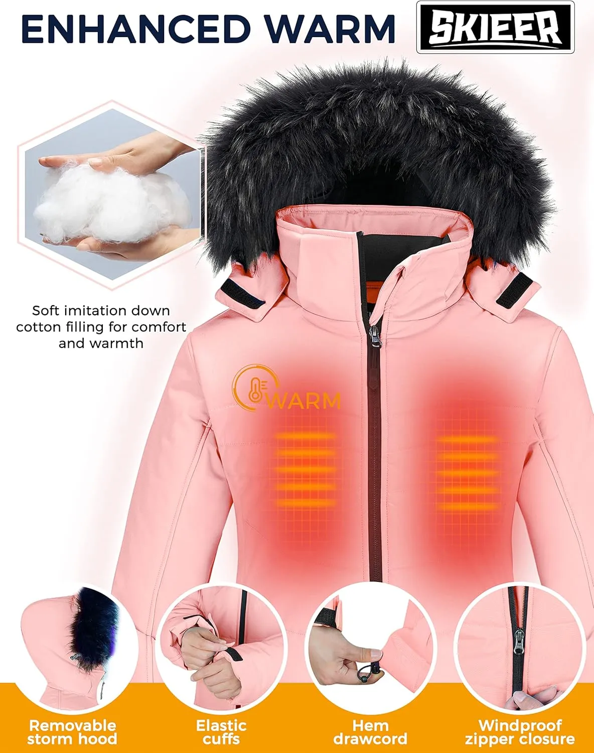 Skieer Women's Waterproof Ski Jacket Warm Puffer Jacket Thick Hooded Winter Coat