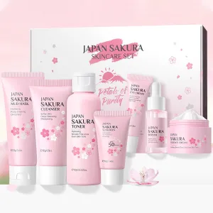 Skin Care Set JAPAN-SAKURA Women Beauty Gift Sets Skin Care Kit, Self-Care Skincare Set: Cleanser,Toner,Serum,Cream,Mud Mask,Eye Cream,Sunscreen, Facial Kit for Women Teen Girls Mom Daughter 7pcs