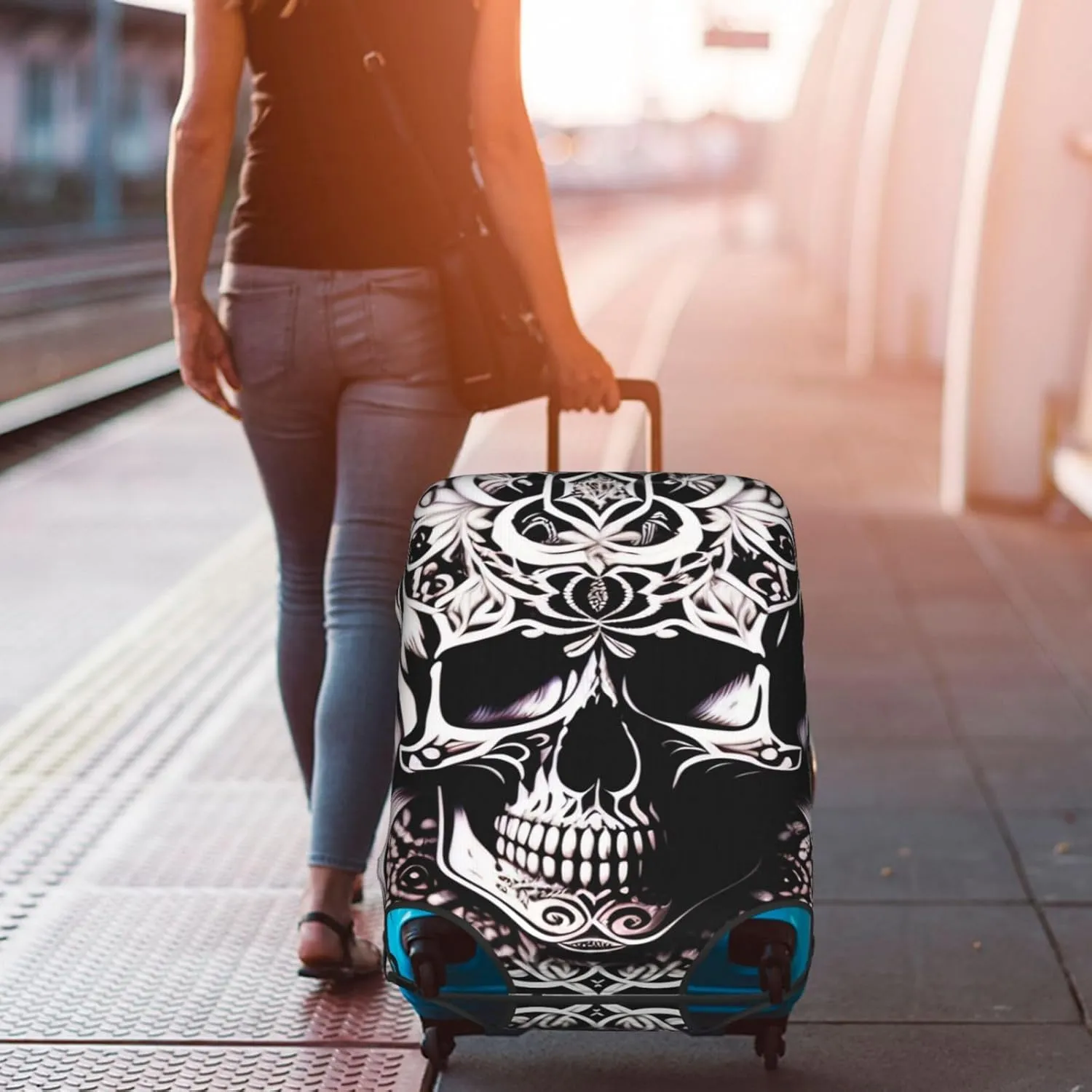 Skull with decorations Suitcase Cover X-Large with Invisible Zipper, for Business and Travel, Without Suitcase