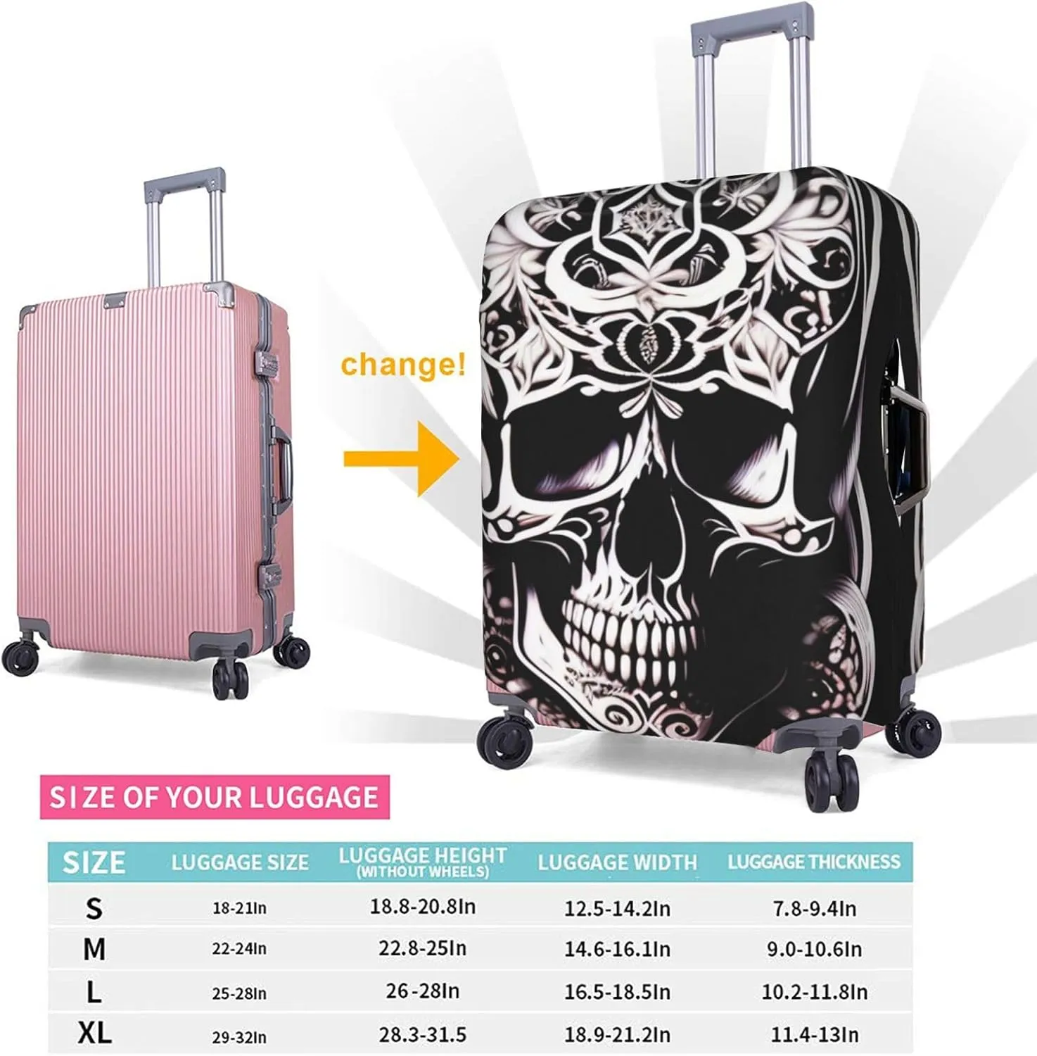 Skull with decorations Suitcase Cover X-Large with Invisible Zipper, for Business and Travel, Without Suitcase