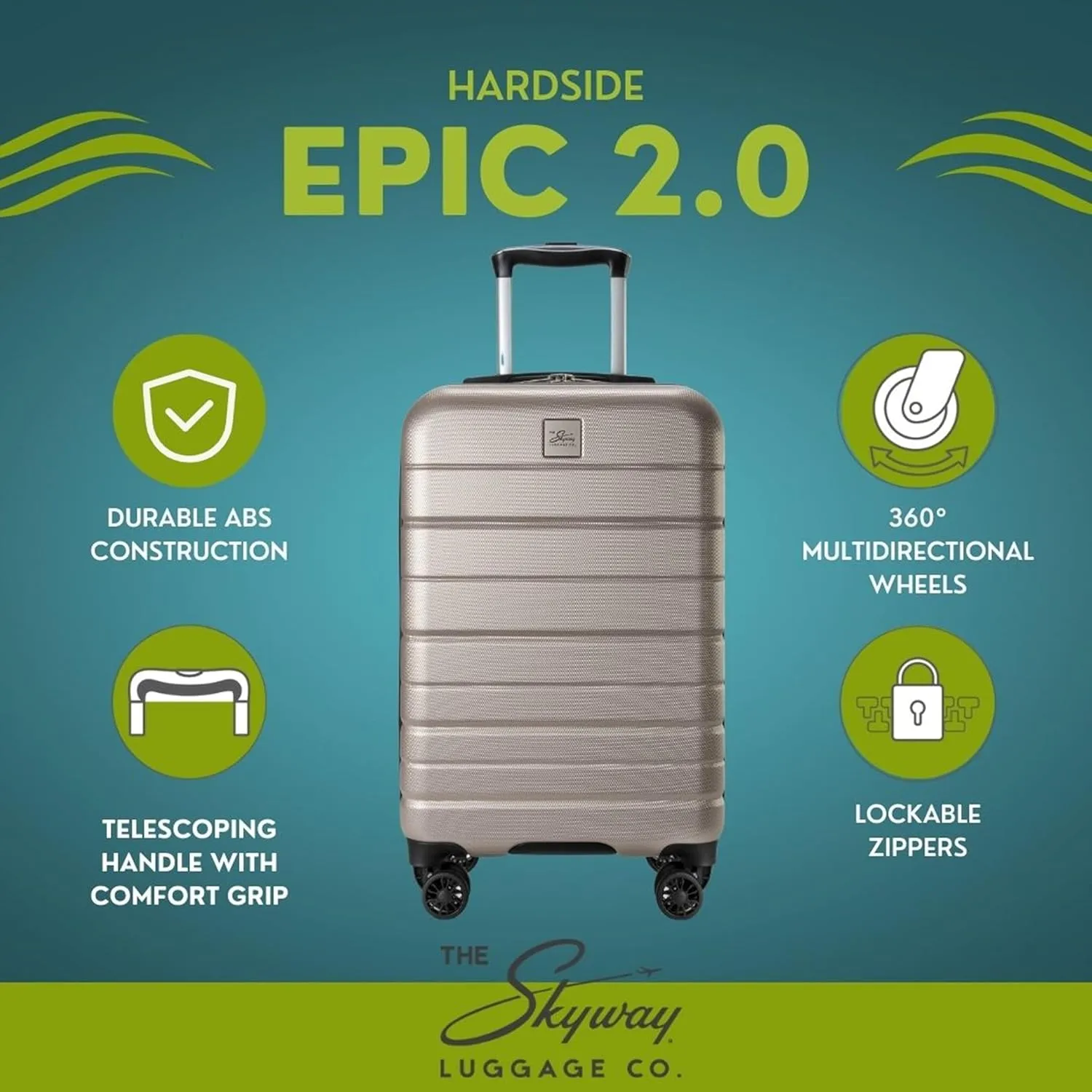 Skyway Epic 2.0 Hardside Lightweight and Durable ABS Shell Luggage, Spacious with Dual Spinning Wheels, Comfort Grip, Men and Women, Carry-on, 20-inch, Bone