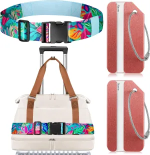 Slohif Travel Belt for Luggage Straps - Adjustable Durable Add A Bag Suitcase Trolley Strap Accessories for Carry On Bag for 20-30 Inch Suitcases & 2 Luggage Tags Leaves
