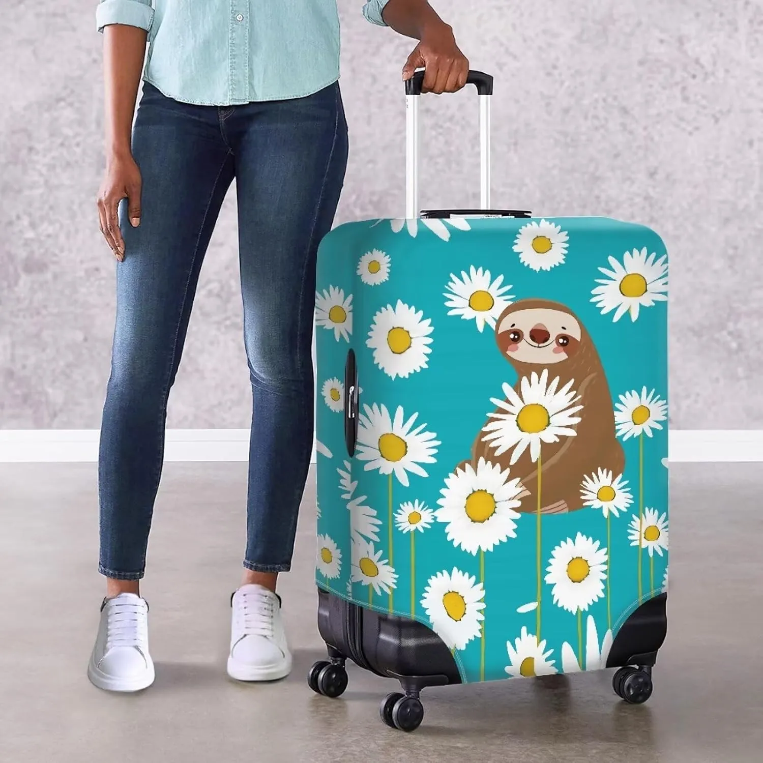 Sloth And Flower Travel Suitcase Protector Protective Washable Luggage Cover With Concealed Zipper Suitable for 18-32 Inch Cover for Suitcase Luggage Covers Protectors Luggage Sleeve-L