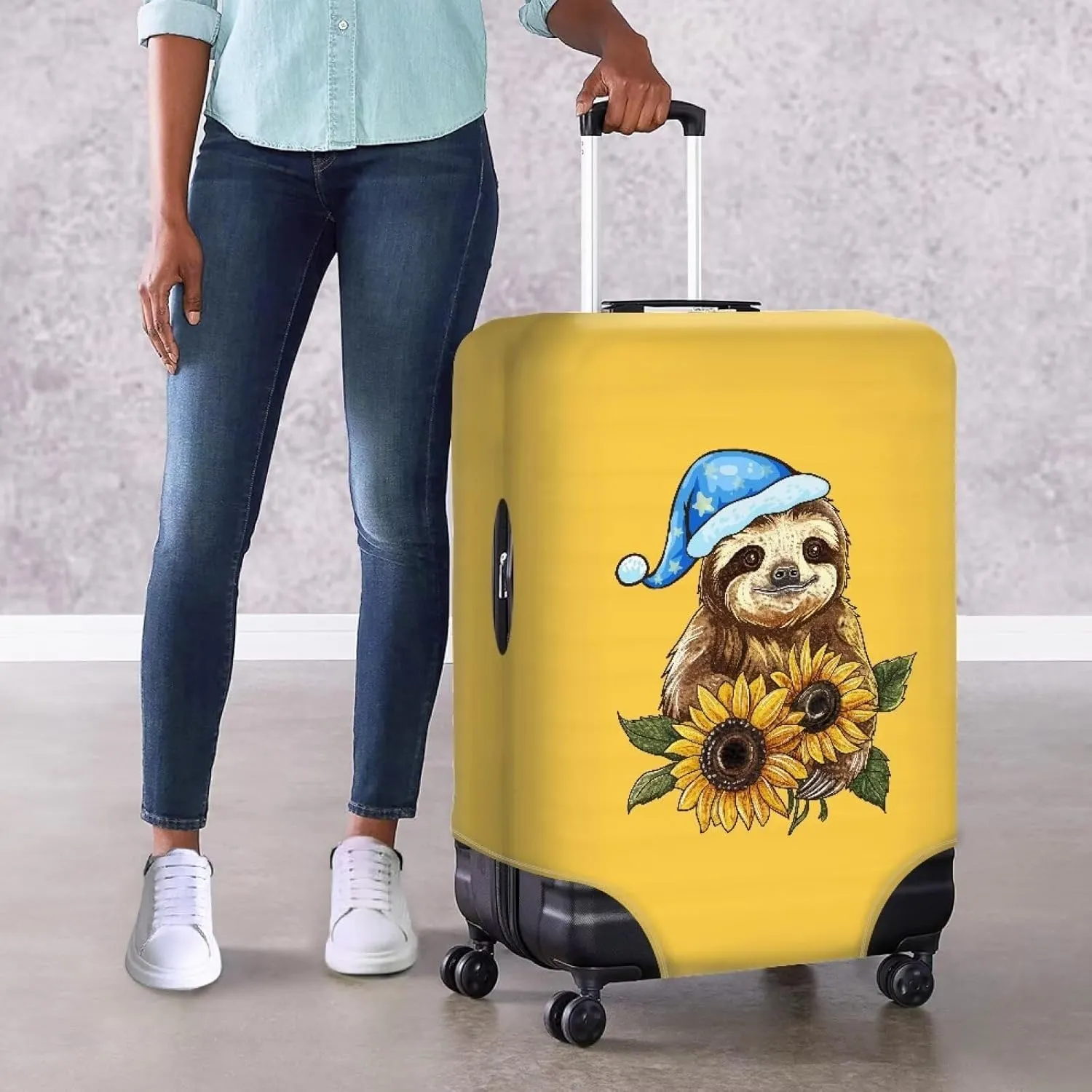 Sloth And Sunflower Airplane Suitcase Covers Travel Luggage Cover Suitcase Protector Fits 18-32 Inch Luggage All Around Suitcase Cover American Tourister Luggage 18/24/28/32 Inch Cover-L