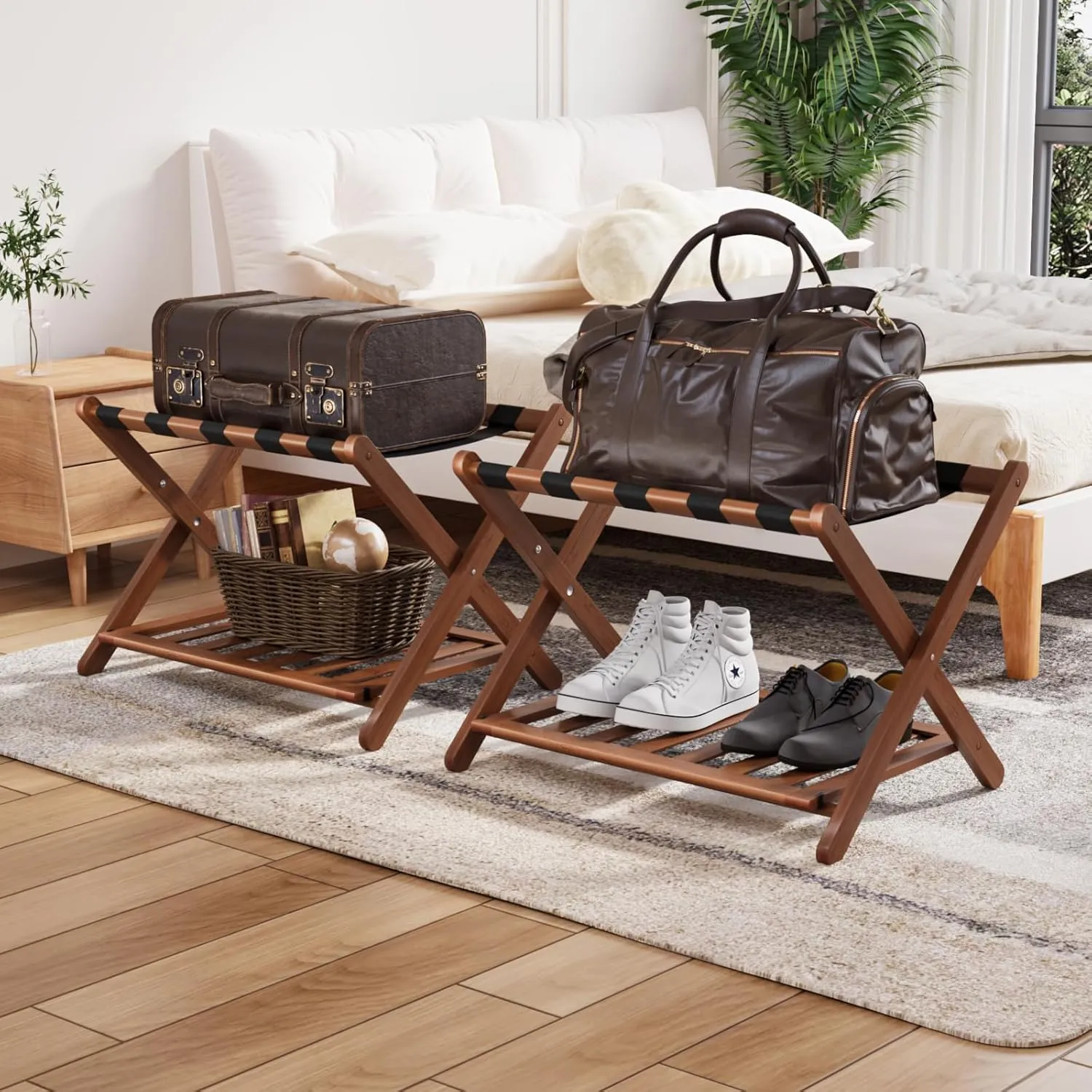 Smuxee Fully Assembled Walnut Luggage Racks Pack of 2, Upgraded Bamboo Foldable Suitcase Stand with 5 Nylon Straps, Luggage Holder with Shelf for Guest Room Bedroom Hotel