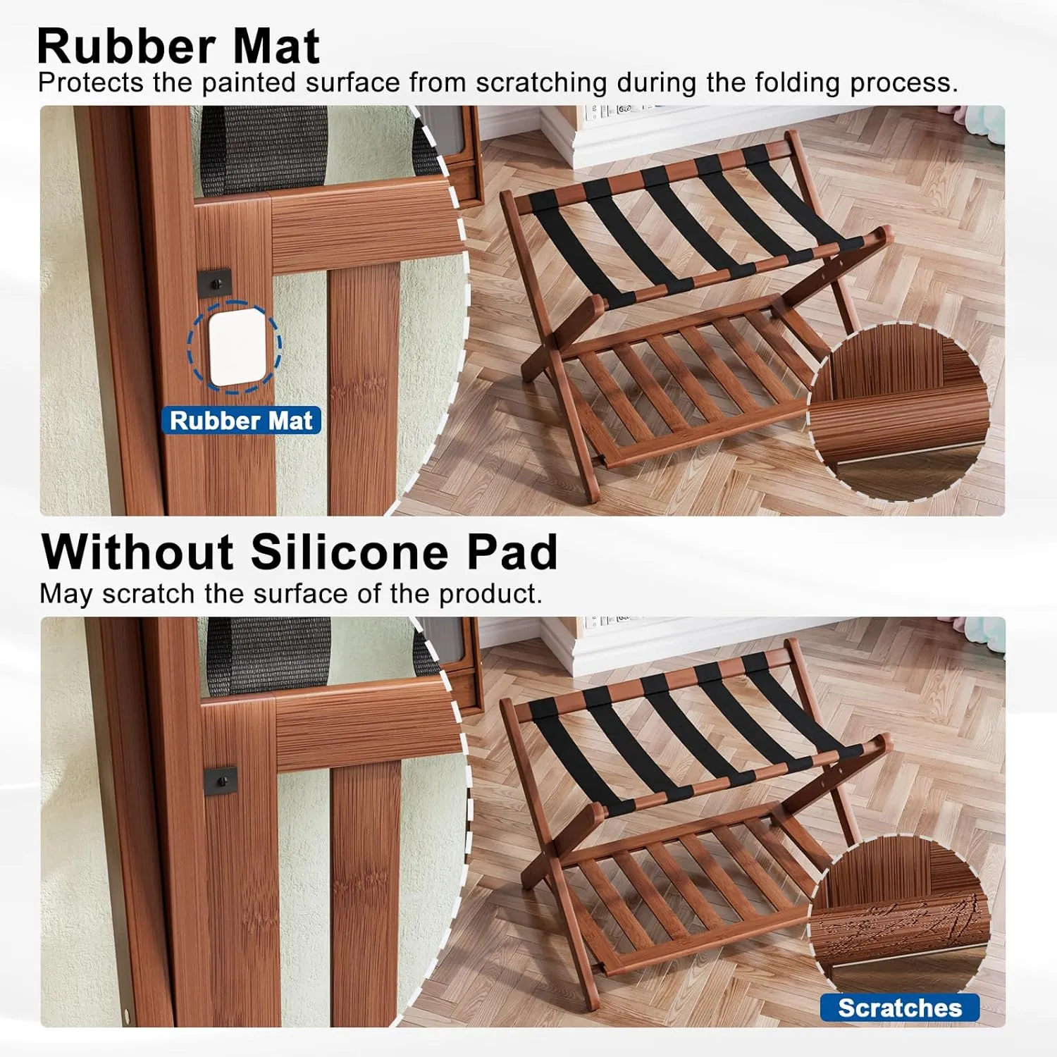 Smuxee Fully Assembled Walnut Luggage Racks Pack of 2, Upgraded Bamboo Foldable Suitcase Stand with 5 Nylon Straps, Luggage Holder with Shelf for Guest Room Bedroom Hotel