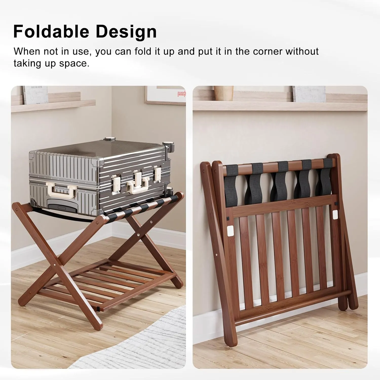 Smuxee Fully Assembled Walnut Luggage Racks Pack of 2, Upgraded Bamboo Foldable Suitcase Stand with 5 Nylon Straps, Luggage Holder with Shelf for Guest Room Bedroom Hotel