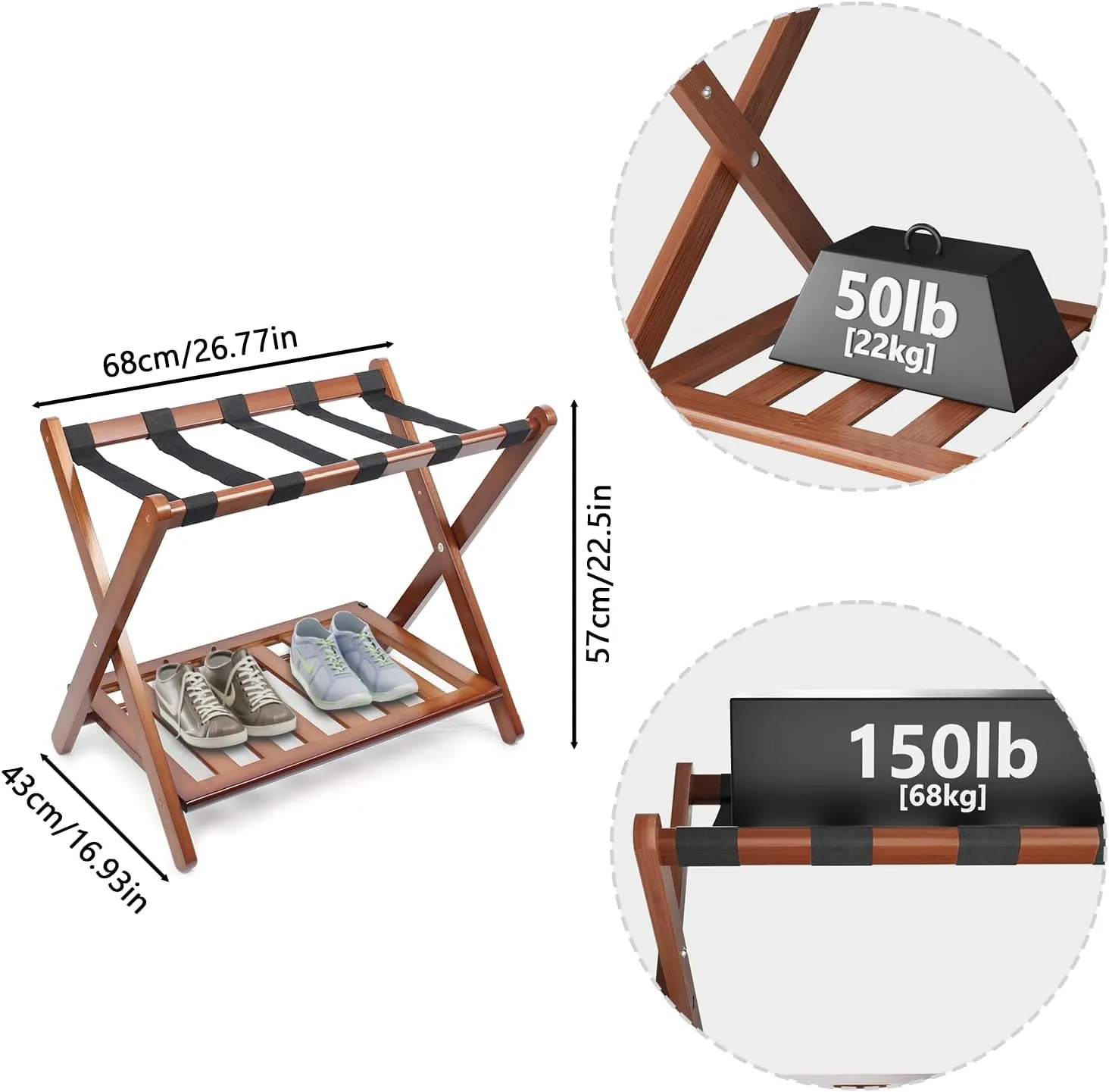 Smuxee Fully Assembled Walnut Luggage Racks Pack of 2, Upgraded Bamboo Foldable Suitcase Stand with 5 Nylon Straps, Luggage Holder with Shelf for Guest Room Bedroom Hotel