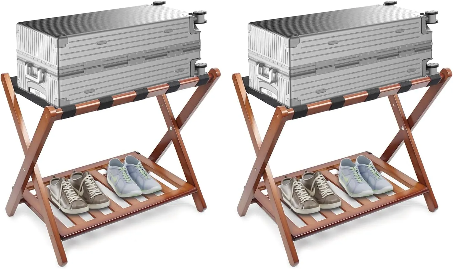 Smuxee Fully Assembled Walnut Luggage Racks Pack of 2, Upgraded Bamboo Foldable Suitcase Stand with 5 Nylon Straps, Luggage Holder with Shelf for Guest Room Bedroom Hotel