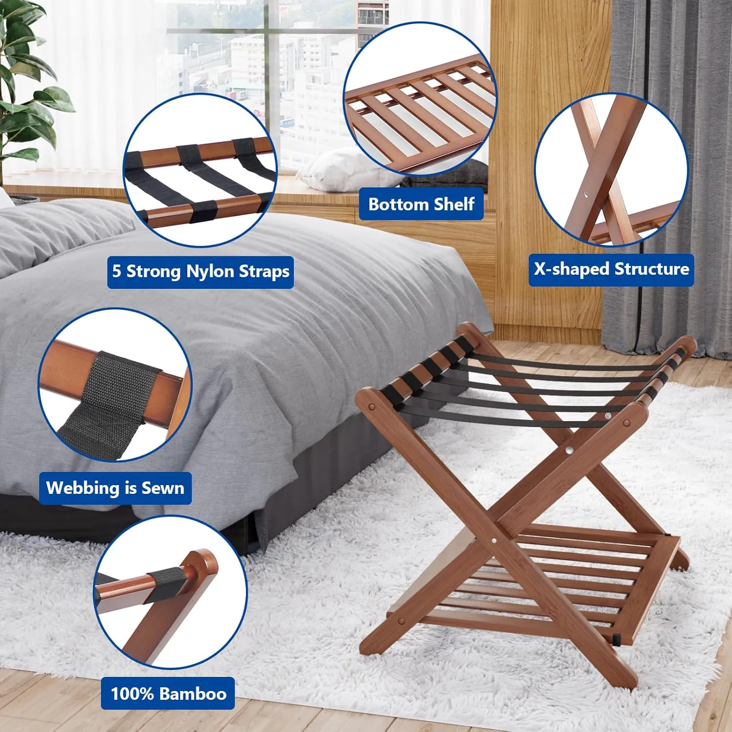Smuxee Fully Assembled Walnut Luggage Racks Pack of 2, Upgraded Bamboo Foldable Suitcase Stand with 5 Nylon Straps, Luggage Holder with Shelf for Guest Room Bedroom Hotel