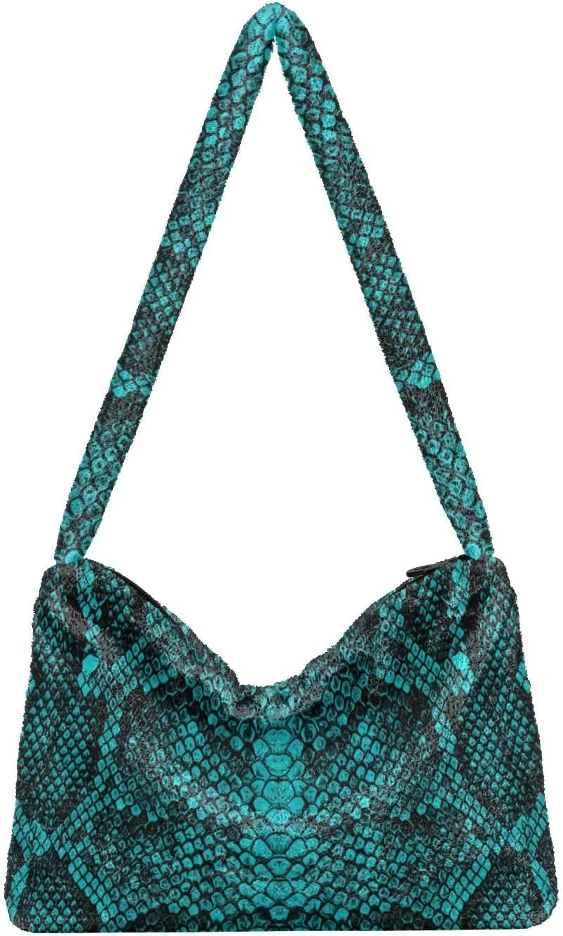 Snake Skin Gray Shoulder Tote Bags for Women Furry Crossbody bag with Zipper Hobo Handbag Purses for Teen Girls University