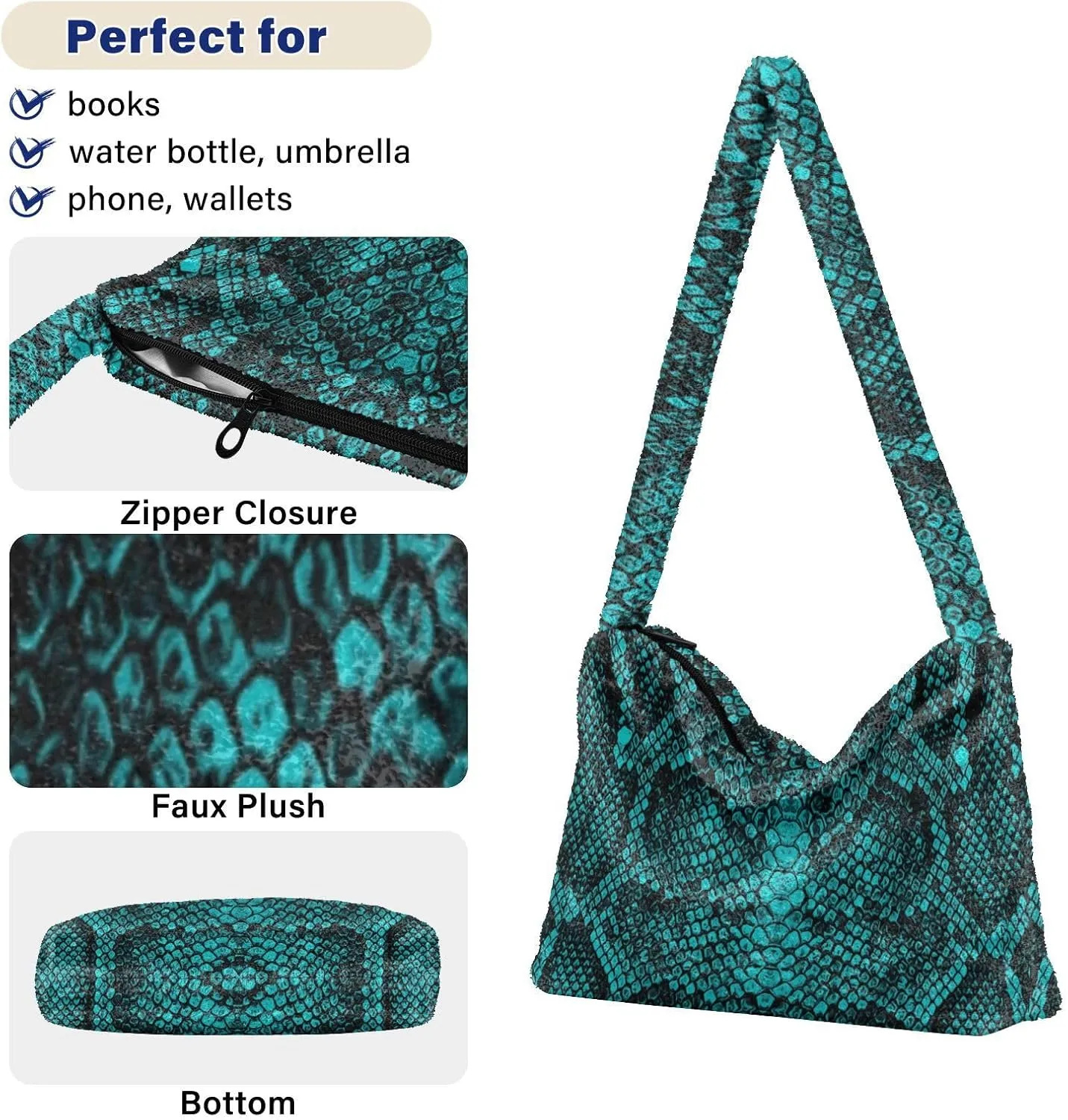 Snake Skin Gray Shoulder Tote Bags for Women Furry Crossbody bag with Zipper Hobo Handbag Purses for Teen Girls University