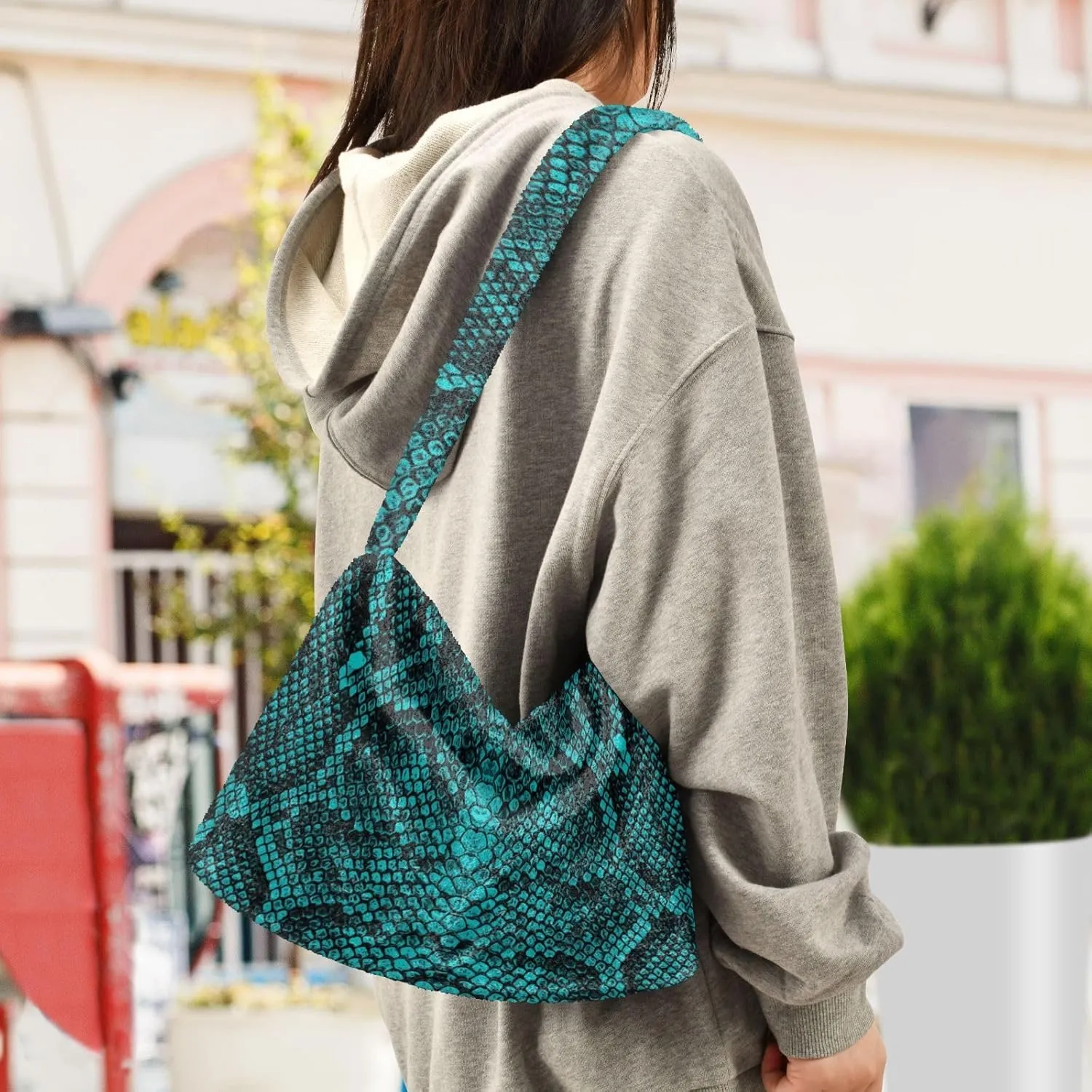 Snake Skin Gray Shoulder Tote Bags for Women Furry Crossbody bag with Zipper Hobo Handbag Purses for Teen Girls University