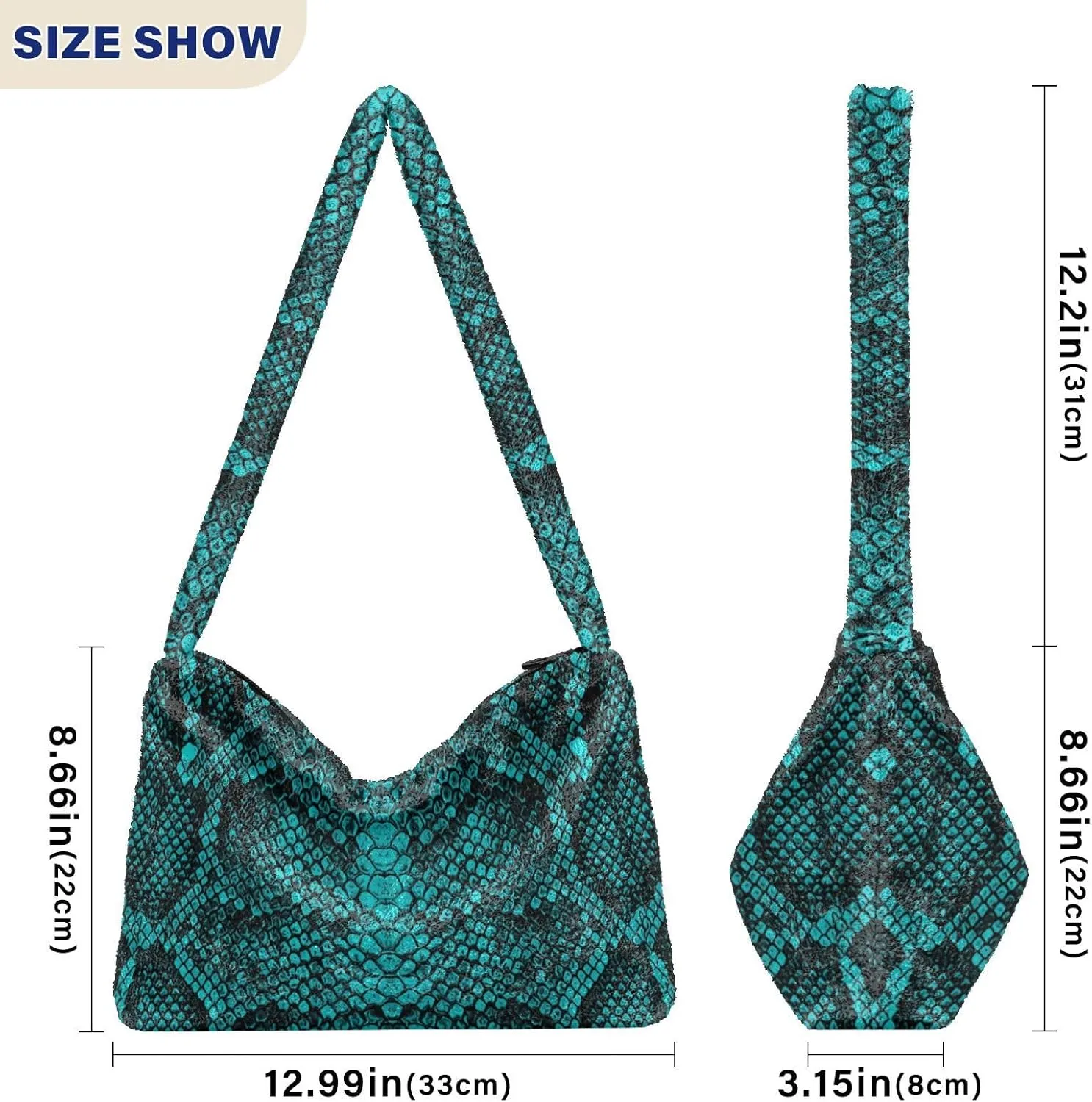 Snake Skin Gray Shoulder Tote Bags for Women Furry Crossbody bag with Zipper Hobo Handbag Purses for Teen Girls University