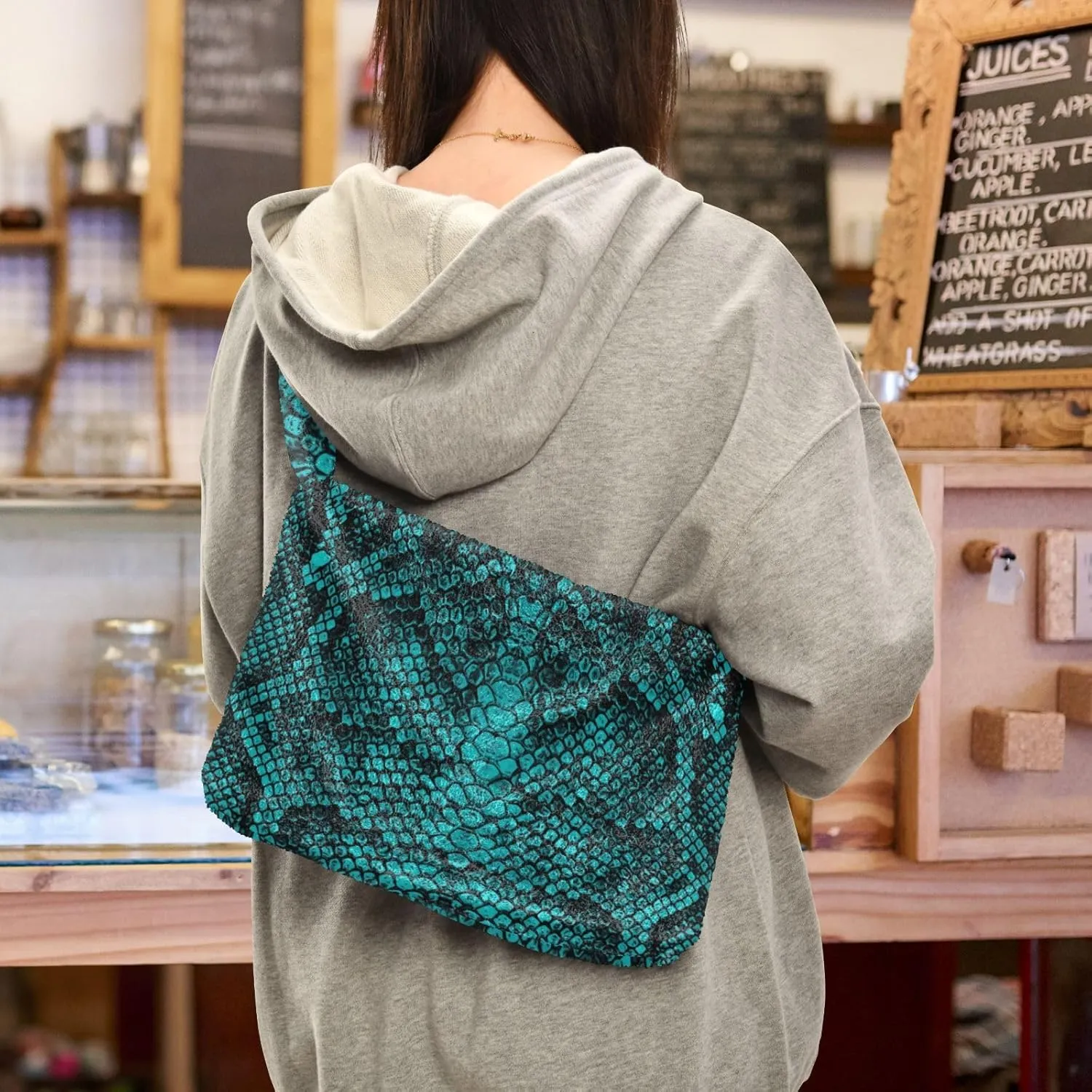 Snake Skin Gray Shoulder Tote Bags for Women Furry Crossbody bag with Zipper Hobo Handbag Purses for Teen Girls University