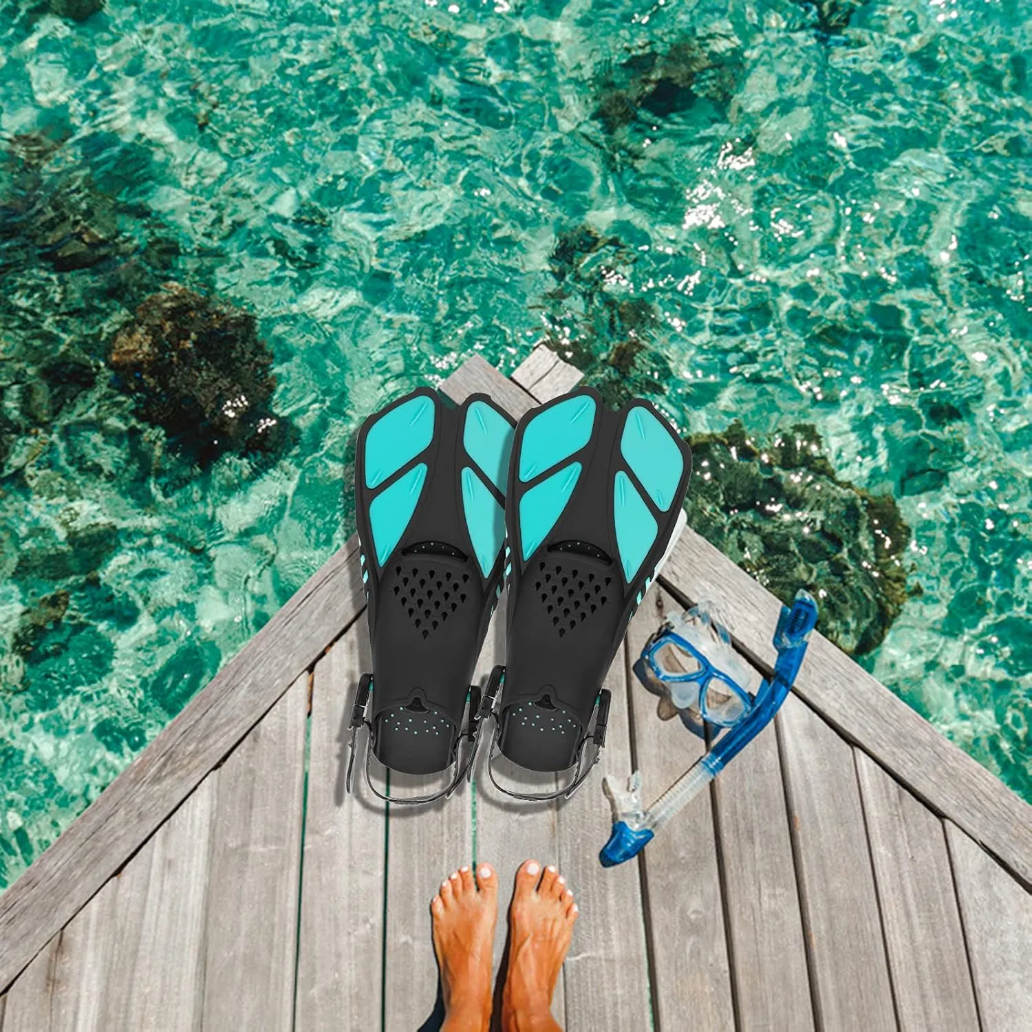 Snorkel Fins, Swimming Fins with Adjustable Buckles Open Heel, Diving Flippers for Men Women Youth Travel Size Short Fins for Snorkeling Diving Swimming