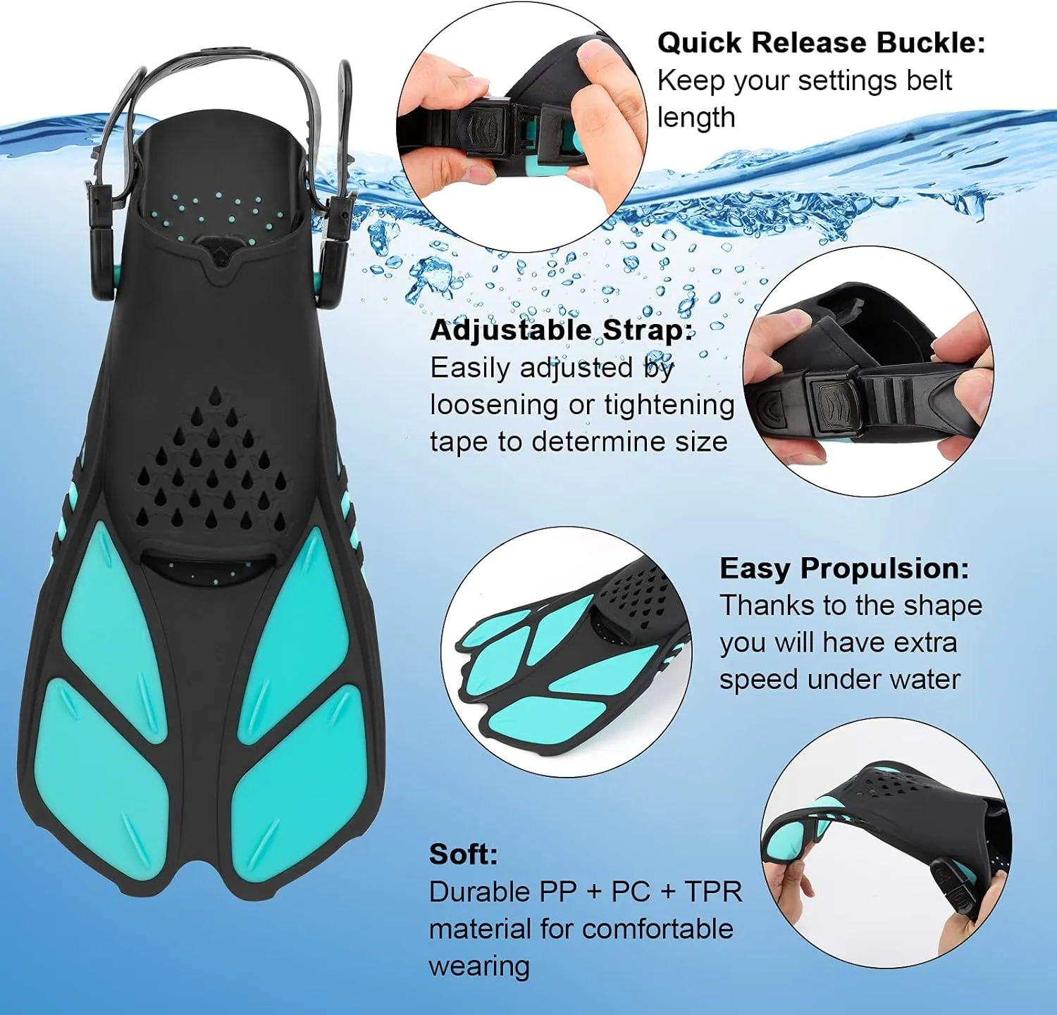 Snorkel Fins, Swimming Fins with Adjustable Buckles Open Heel, Diving Flippers for Men Women Youth Travel Size Short Fins for Snorkeling Diving Swimming