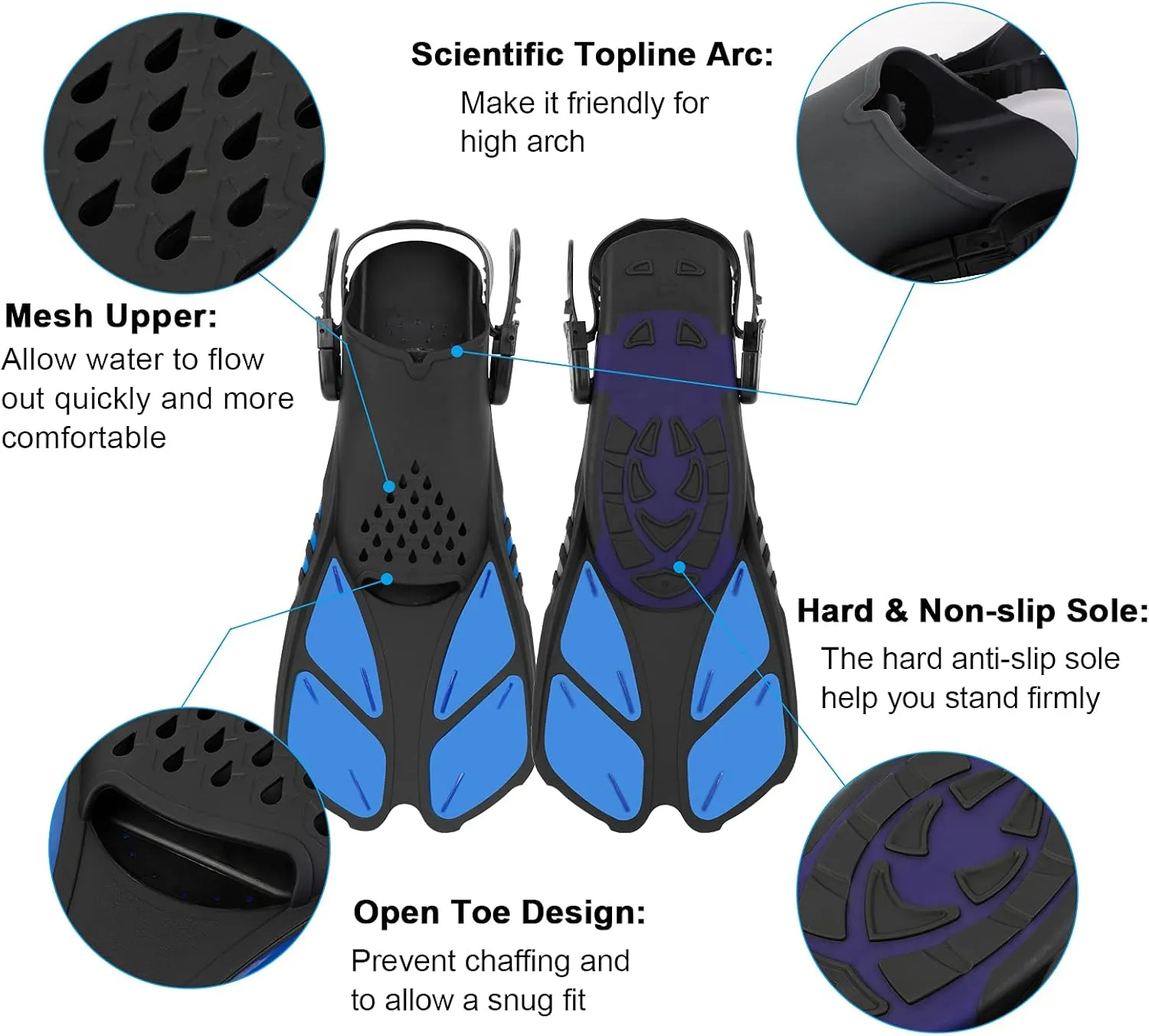 Snorkel Fins, Swimming Fins with Adjustable Buckles Open Heel, Diving Flippers for Men Women Youth Travel Size Short Fins for Snorkeling Diving Swimming