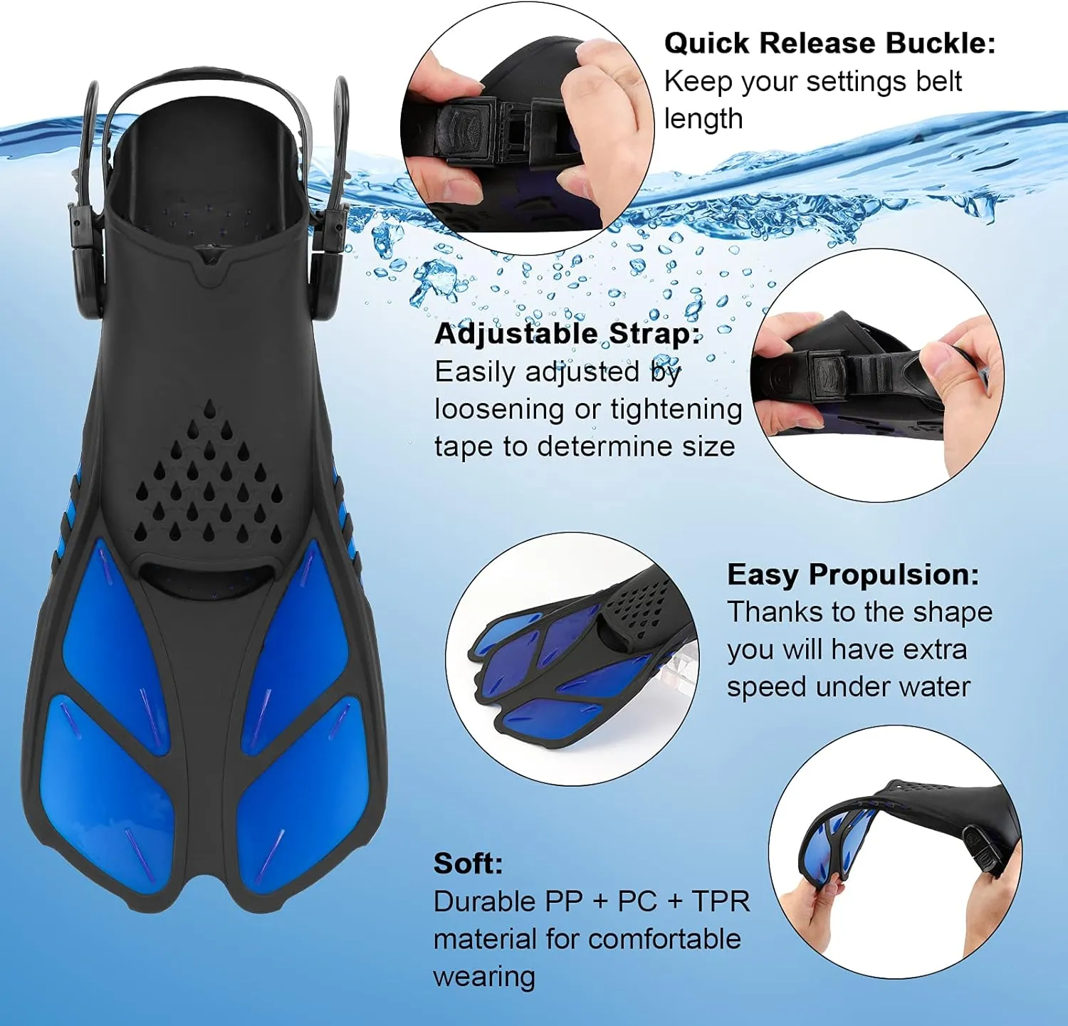 Snorkel Fins, Swimming Fins with Adjustable Buckles Open Heel, Diving Flippers for Men Women Youth Travel Size Short Fins for Snorkeling Diving Swimming
