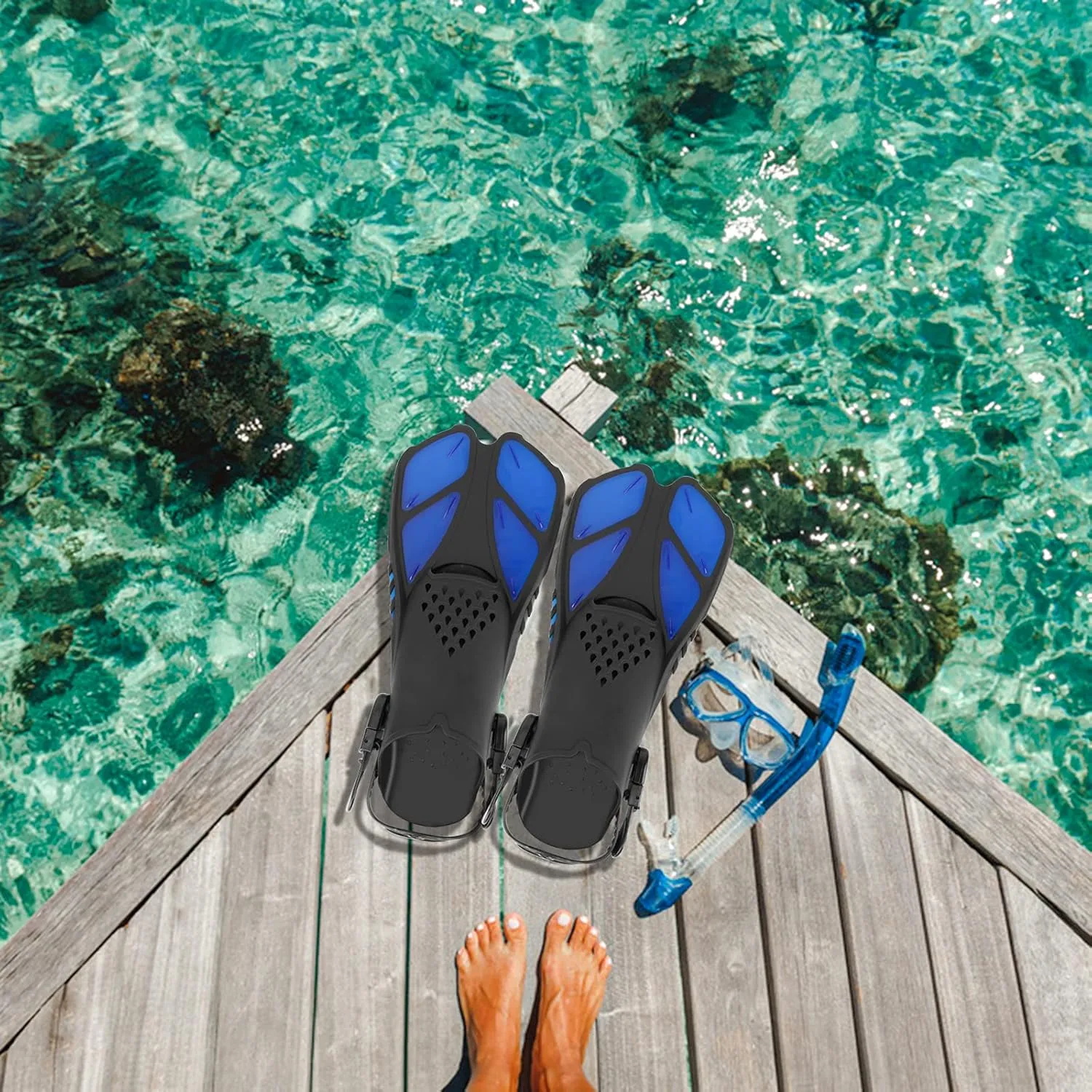 Snorkel Fins, Swimming Fins with Adjustable Buckles Open Heel, Diving Flippers for Men Women Youth Travel Size Short Fins for Snorkeling Diving Swimming