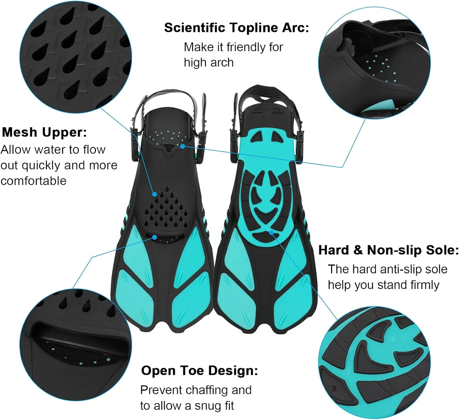 Snorkel Fins, Swimming Fins with Adjustable Buckles Open Heel, Diving Flippers for Men Women Youth Travel Size Short Fins for Snorkeling Diving Swimming