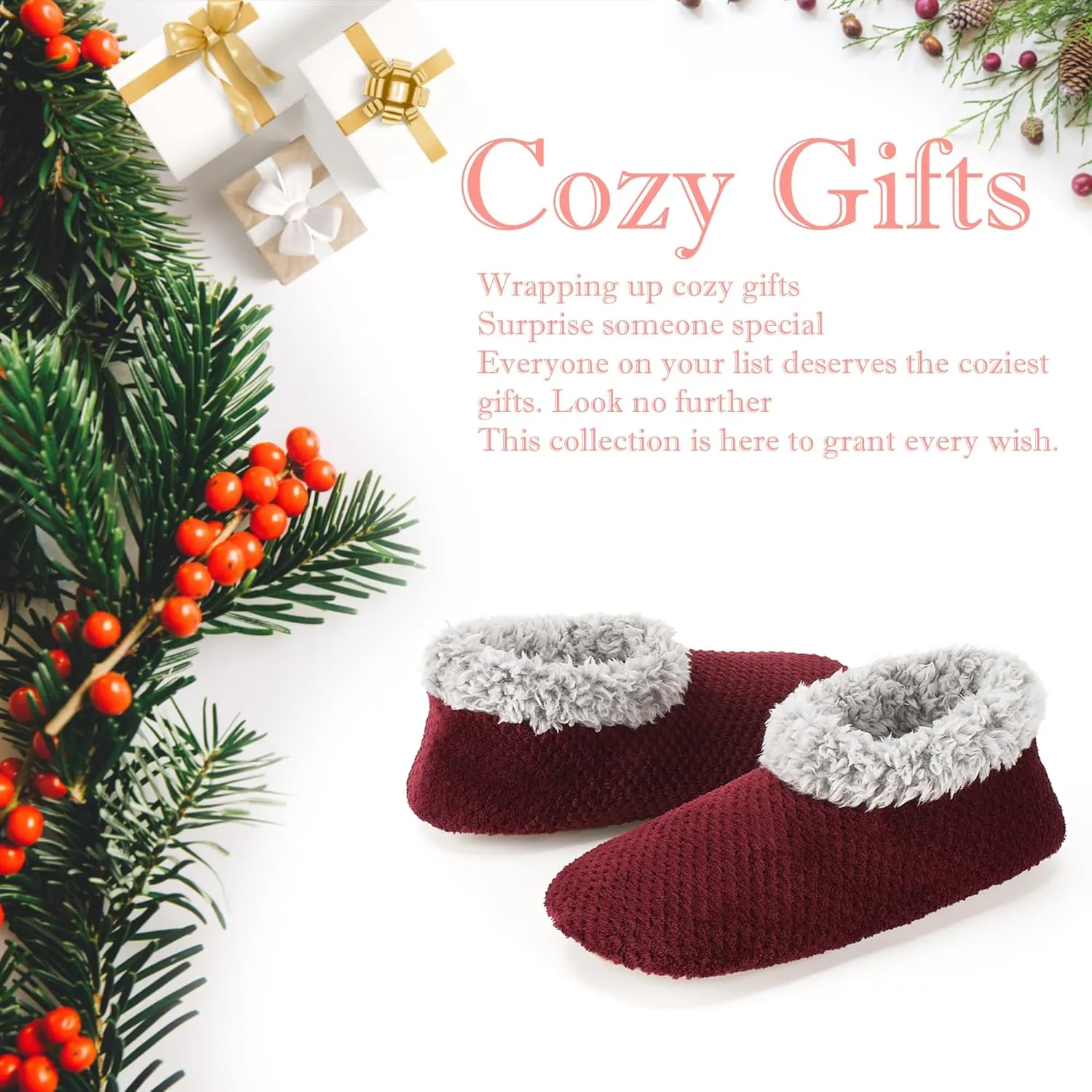 Soft Fuzzy Slippers for Women Indoor, Warm Furry House Sock Shoes Fluffy Lined, Bedroom Booties Non-Slip Gripper Soles, Winter Cozy Christmas Gifts