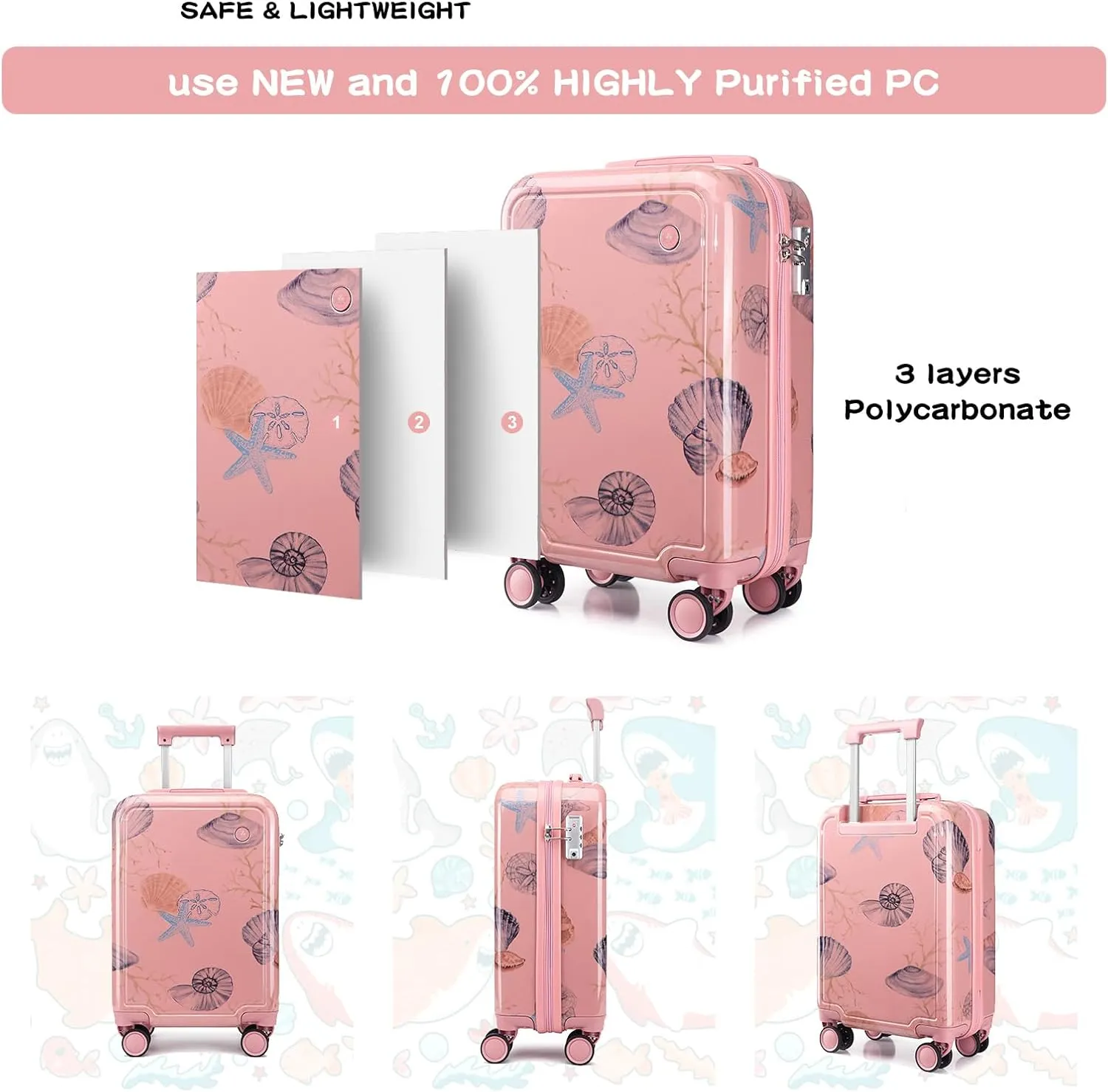 Somago 4 Piece Kid's Luggage with Backpack Set for Boys Girls Spinner 18" Hardside PC Rolling Carry on Suitcase with TSA Lock Seashell Pattern (Pink)