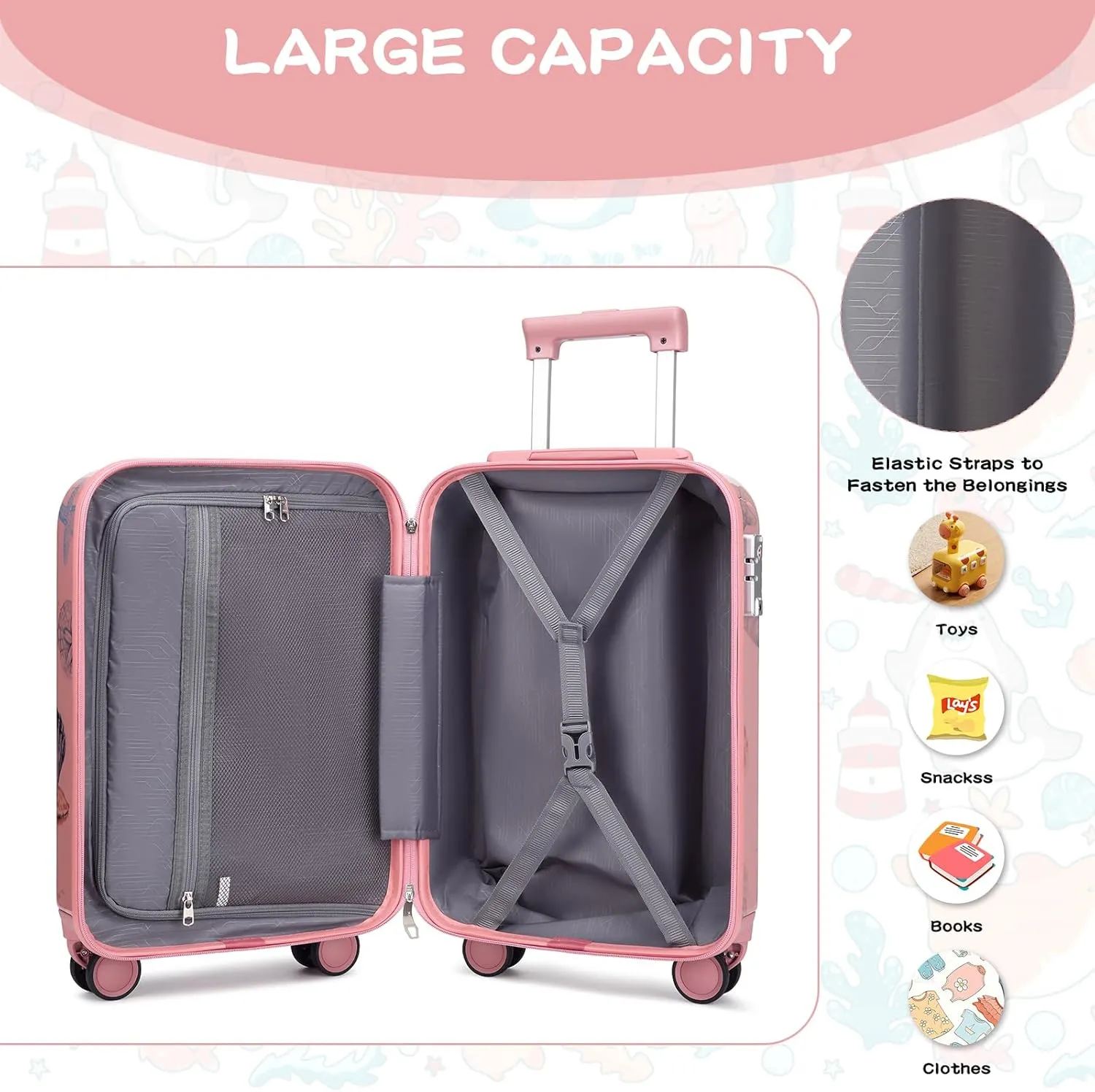 Somago 4 Piece Kid's Luggage with Backpack Set for Boys Girls Spinner 18" Hardside PC Rolling Carry on Suitcase with TSA Lock Seashell Pattern (Pink)