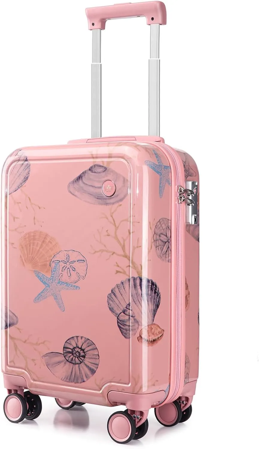 Somago 4 Piece Kid's Luggage with Backpack Set for Boys Girls Spinner 18" Hardside PC Rolling Carry on Suitcase with TSA Lock Seashell Pattern (Pink)
