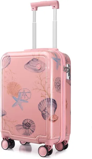 Somago 4 Piece Kid's Luggage with Backpack Set for Boys Girls Spinner 18" Hardside PC Rolling Carry on Suitcase with TSA Lock Seashell Pattern (Pink)