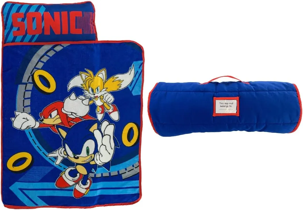 Sonic The Hedgehog 21"(W) X 45"(L) Soft Toddler Nap Mat with Pillow and Blanket Perfect for Preschool, Daycare, and Travel (100% Official Licensed Product)