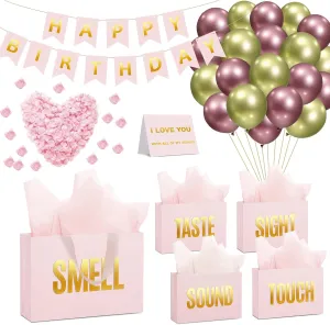 Soulchen 5 Senses Gift Birthday Decorations Five Senses Gift Bags Party Decoration with Happy Birthday Banner Taste Touch Sound Rose Petals Balloon for Party(Pink Gold)
