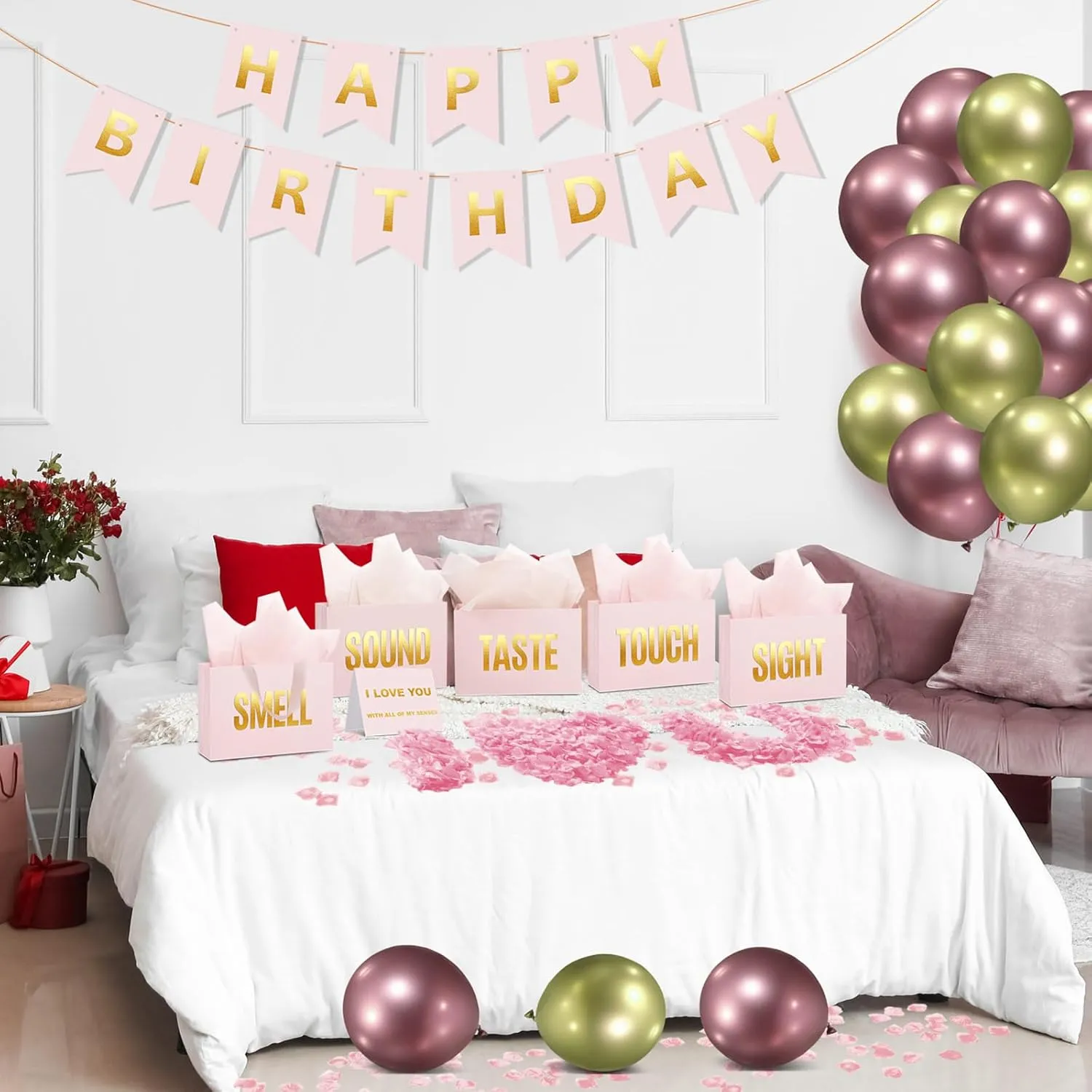 Soulchen 5 Senses Gift Birthday Decorations Five Senses Gift Bags Party Decoration with Happy Birthday Banner Taste Touch Sound Rose Petals Balloon for Party(Pink Gold)