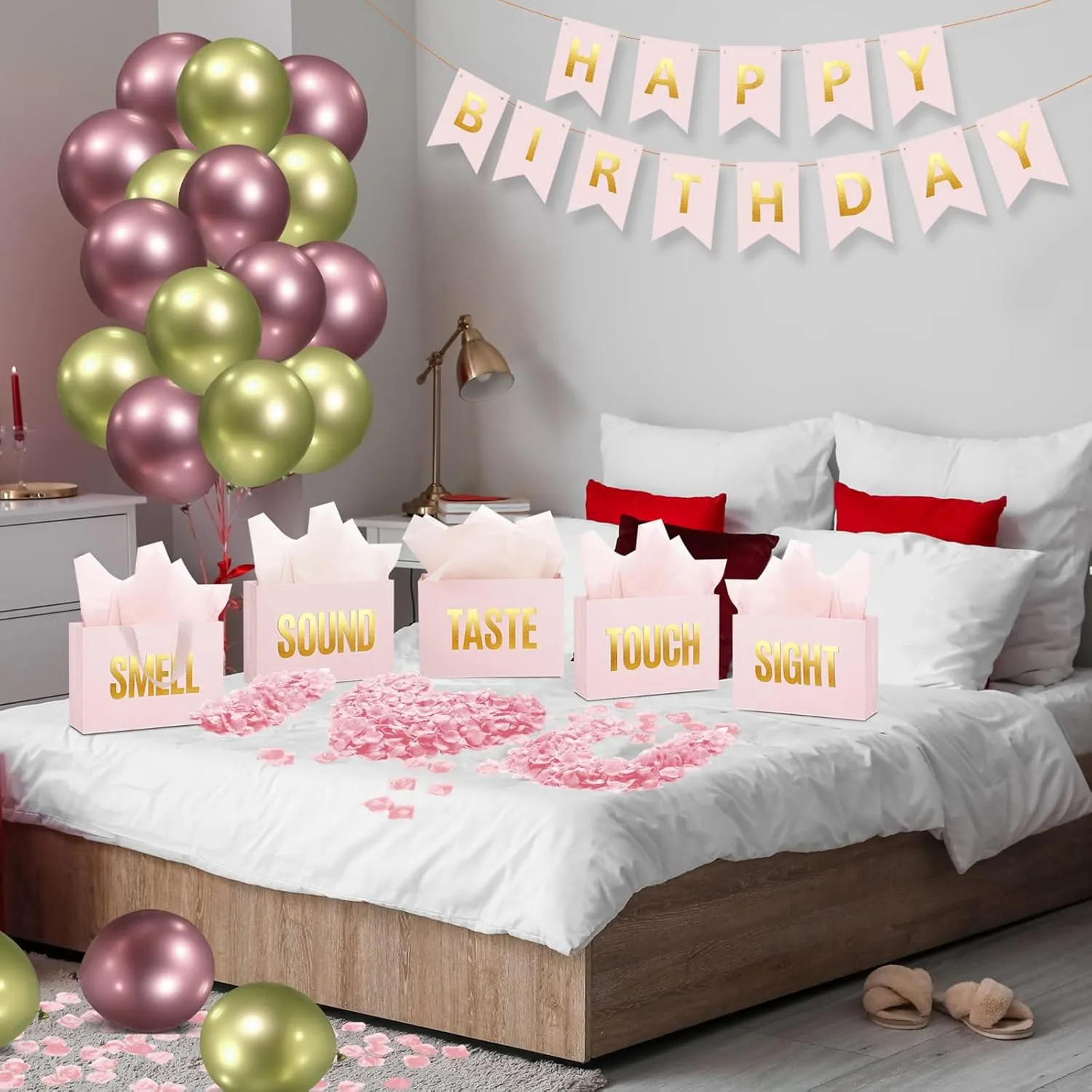 Soulchen 5 Senses Gift Birthday Decorations Five Senses Gift Bags Party Decoration with Happy Birthday Banner Taste Touch Sound Rose Petals Balloon for Party(Pink Gold)