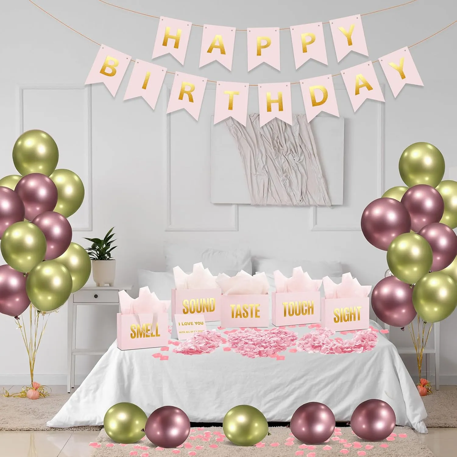Soulchen 5 Senses Gift Birthday Decorations Five Senses Gift Bags Party Decoration with Happy Birthday Banner Taste Touch Sound Rose Petals Balloon for Party(Pink Gold)