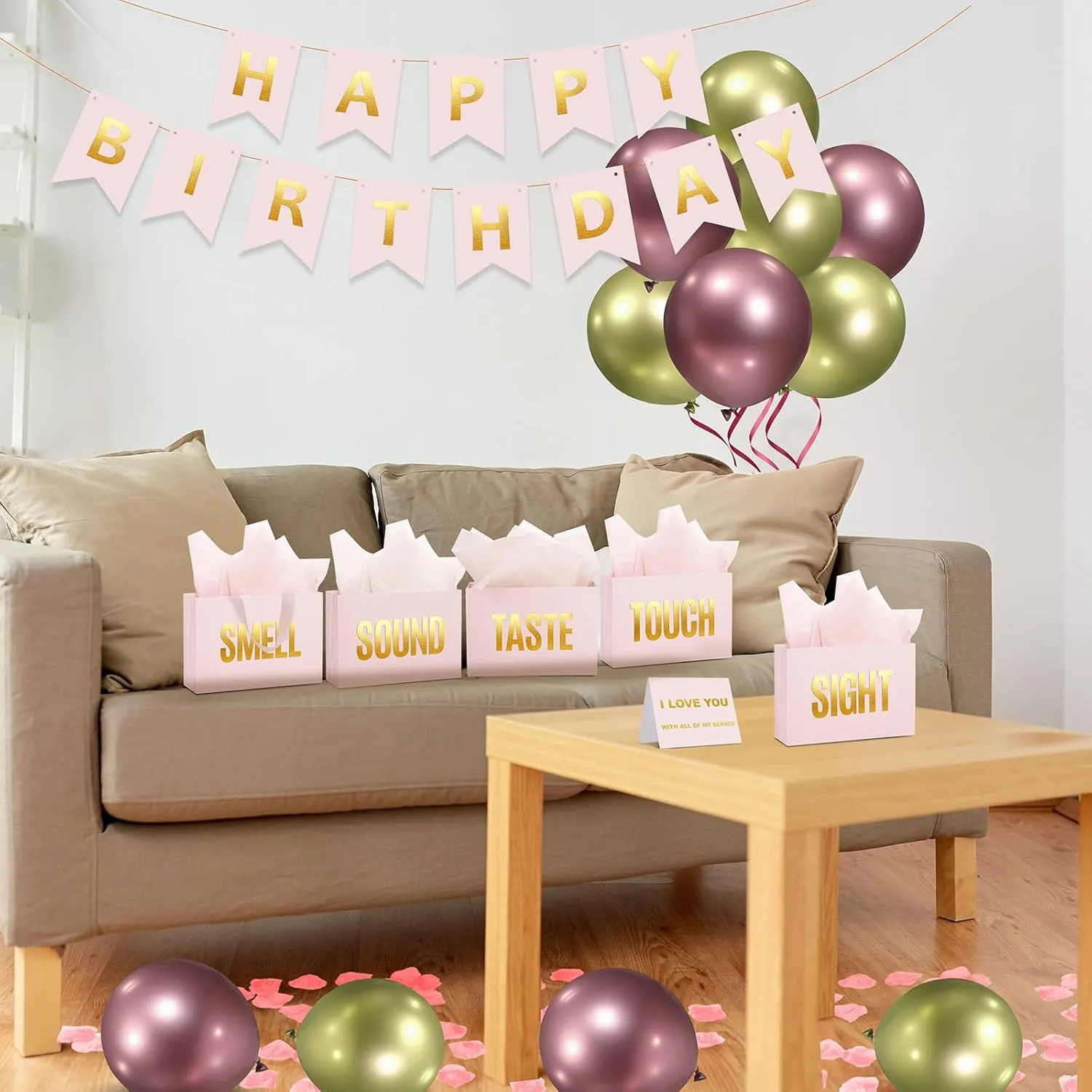 Soulchen 5 Senses Gift Birthday Decorations Five Senses Gift Bags Party Decoration with Happy Birthday Banner Taste Touch Sound Rose Petals Balloon for Party(Pink Gold)