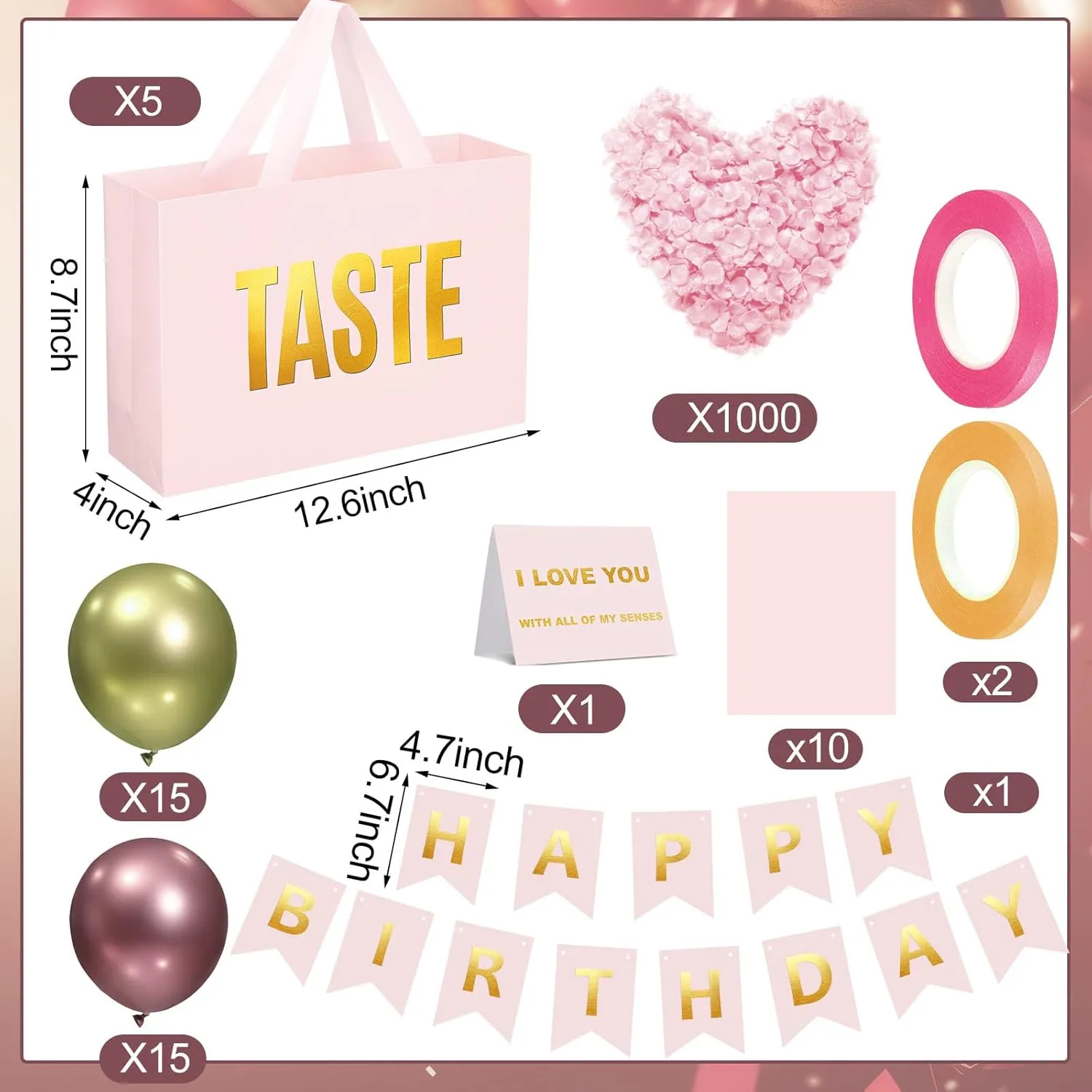 Soulchen 5 Senses Gift Birthday Decorations Five Senses Gift Bags Party Decoration with Happy Birthday Banner Taste Touch Sound Rose Petals Balloon for Party(Pink Gold)