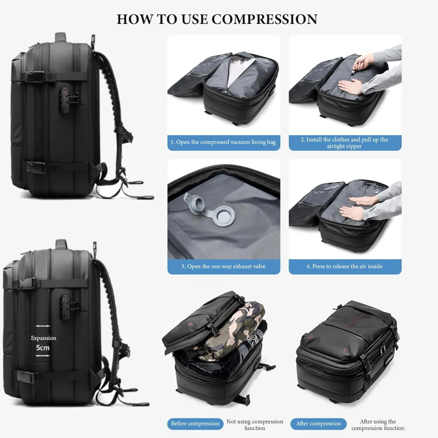 Spacevac Pro Backpack, Ezyvac Vacuum Backpack, 60l Expandable Vacpack Travel Commercial With Pump (2.0-Dark Grey, with Air Pump)