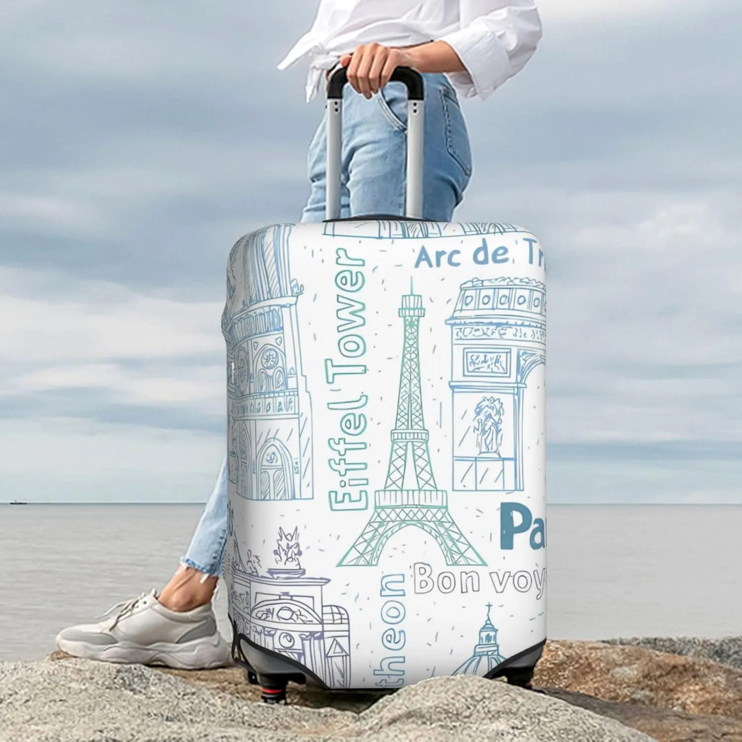 Spandex Travel Luggage Cover Suitcase Protector Bag,Paris Landmarks Eiffel Tower Notre Dust-Proof Fits 18-32 Inch Luggage, Baggage Covers For Kid And Adult,X-Large