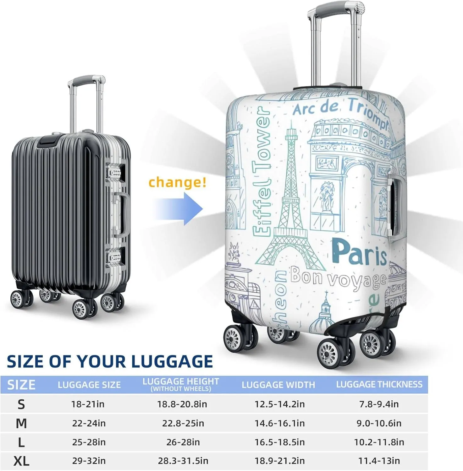 Spandex Travel Luggage Cover Suitcase Protector Bag,Paris Landmarks Eiffel Tower Notre Dust-Proof Fits 18-32 Inch Luggage, Baggage Covers For Kid And Adult,X-Large